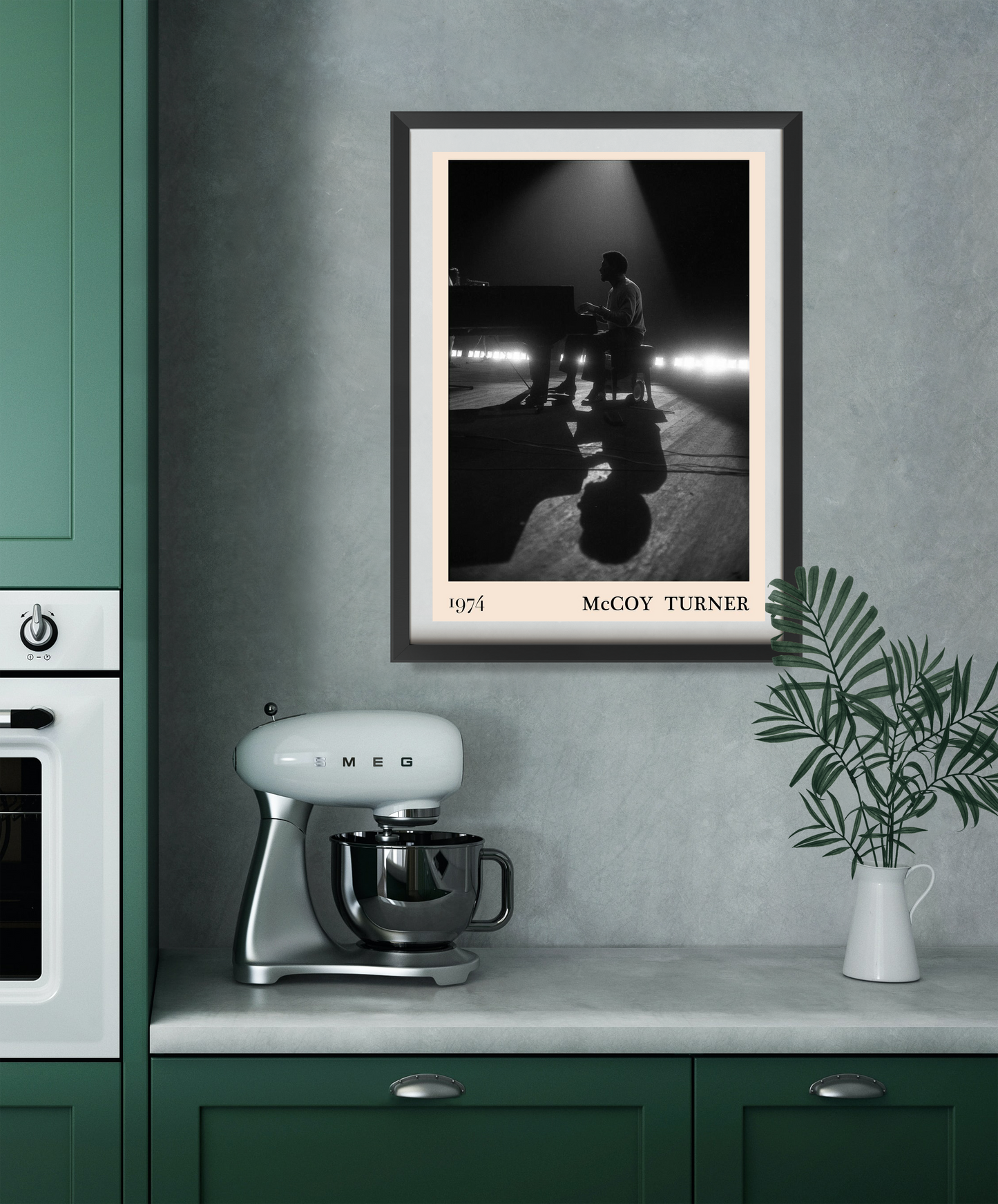 McCoy Turner Jazz Concert Poster in Portrait 22 Mount mockup, black and white pianist design above modern kitchen counter.