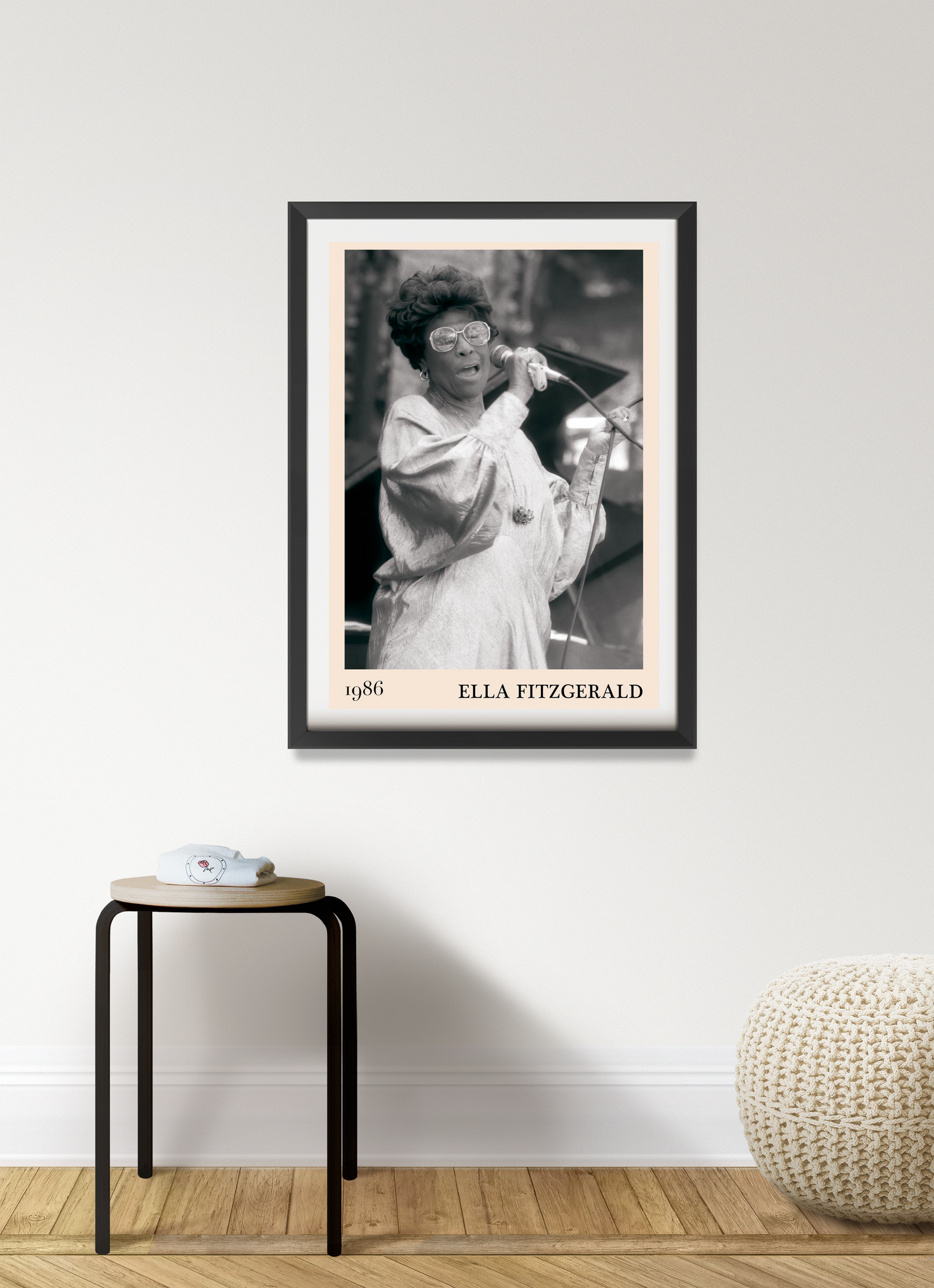 Ella Fitzgerald Retro Jazz Print in Portrait 7 Mount mockup, framed wall art of vintage singer in modern minimalist room deco