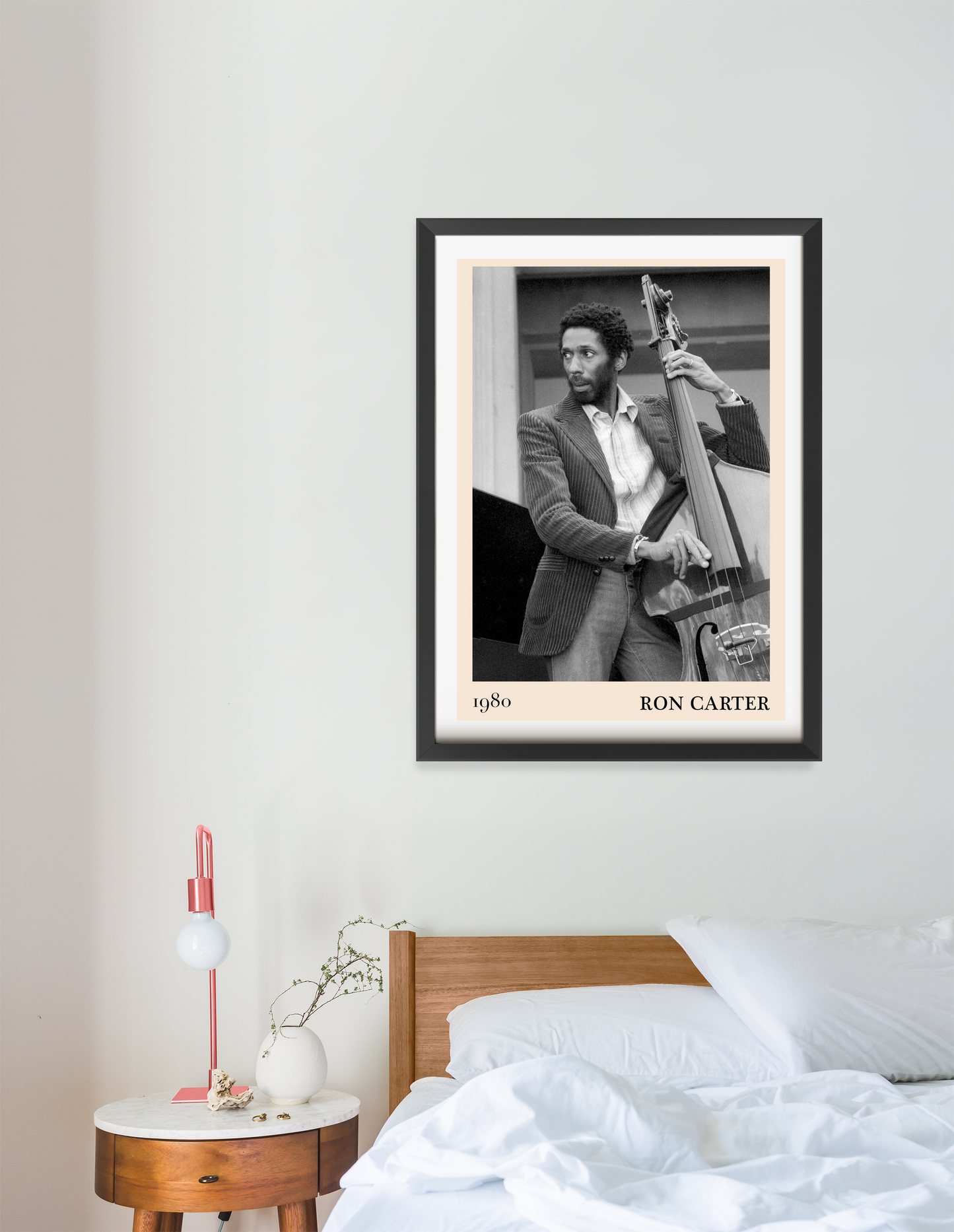 Ron Carter Cool Jazz Print in portrait 16 mount mockup, black and white jazz design above modern wood bed and nightstand.