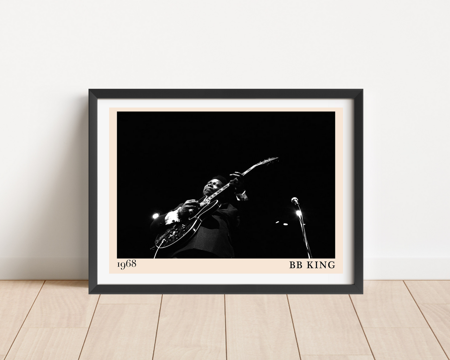 BB King Vintage Blues Poster in landscape frame mockup, black and white stage photo with guitar, minimalist modern mount.