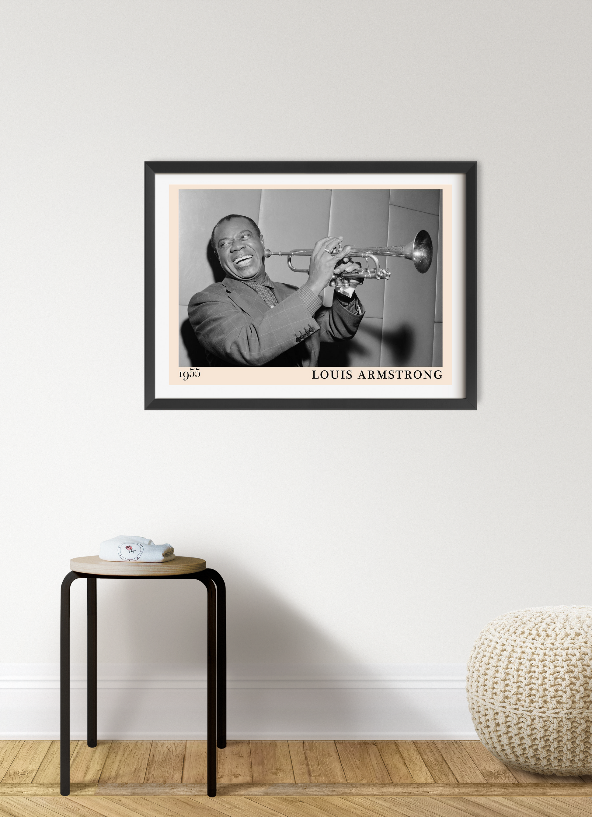 Louis Armstrong Retro Concert Poster in landscape mount mockup, featuring black and white jazz photo above modern decor.