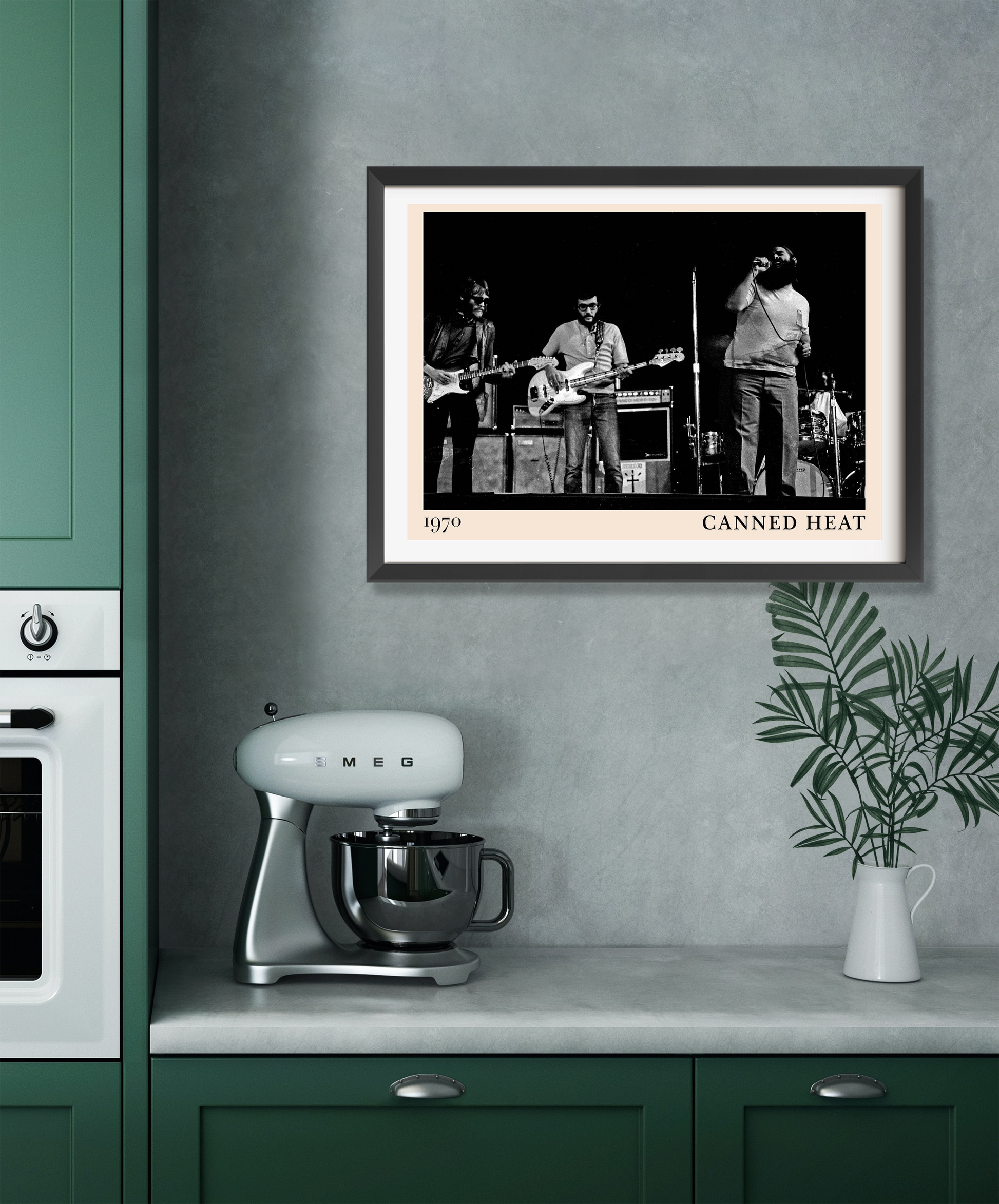 Canned Heat Poster in landscape 22 mount mockup, black and white band photo framed on modern kitchen wall above counter.