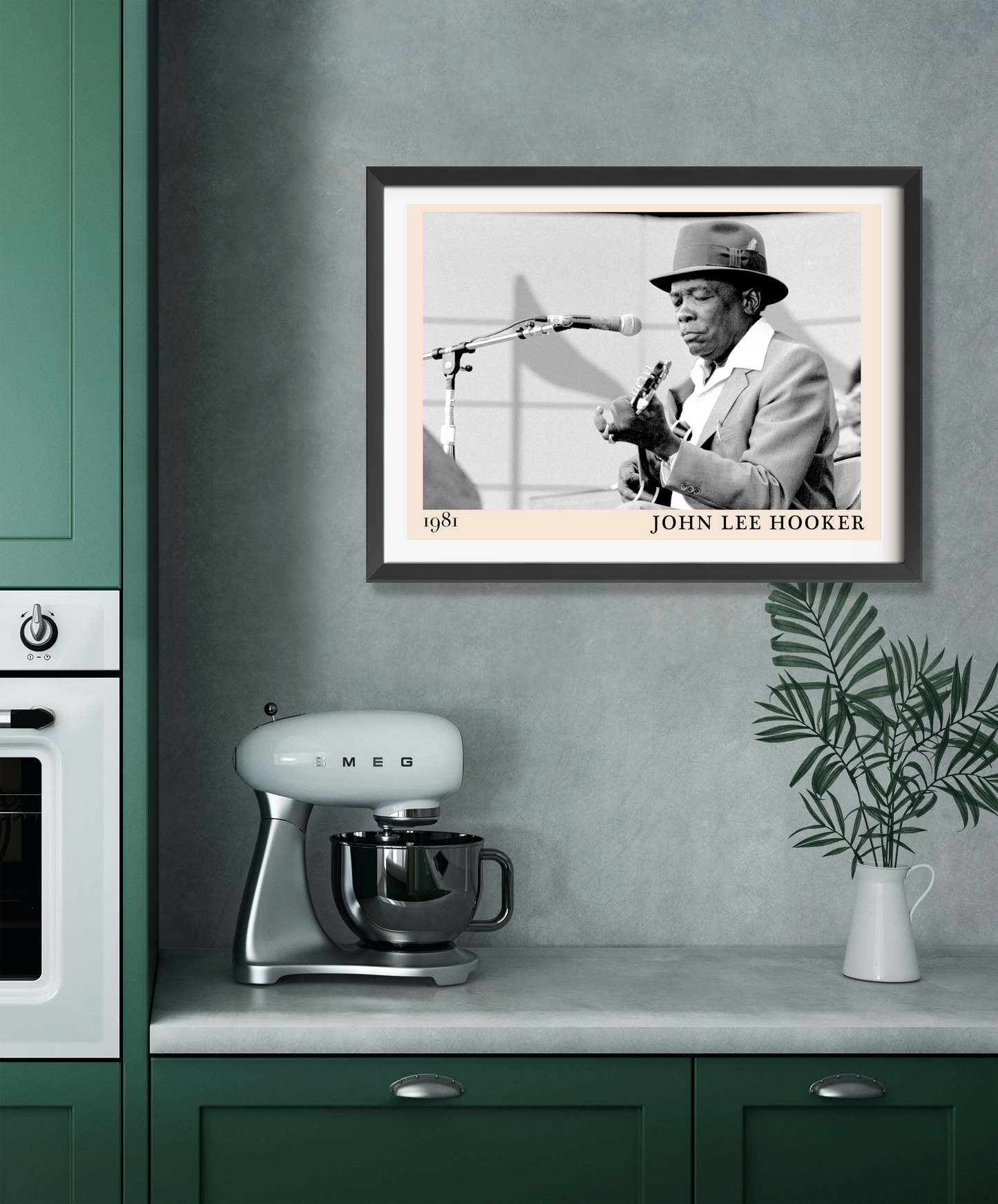 John Lee Hooker Blues Poster in landscape 22 mount mockup, framed on a modern kitchen wall above counter and mixer.