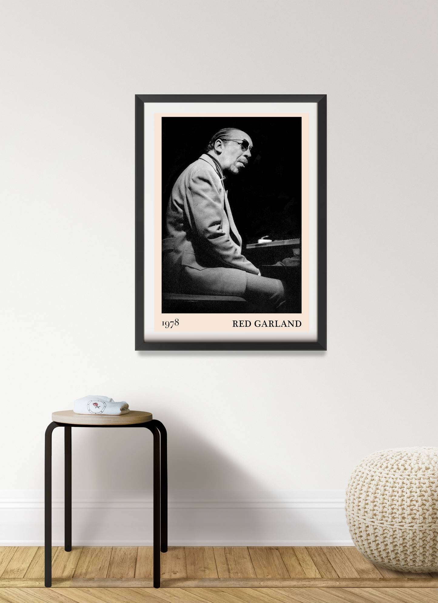 Red Garland Cool Jazz Print in portrait 7 mount mockup, black and white design framed on minimalist living room wall.