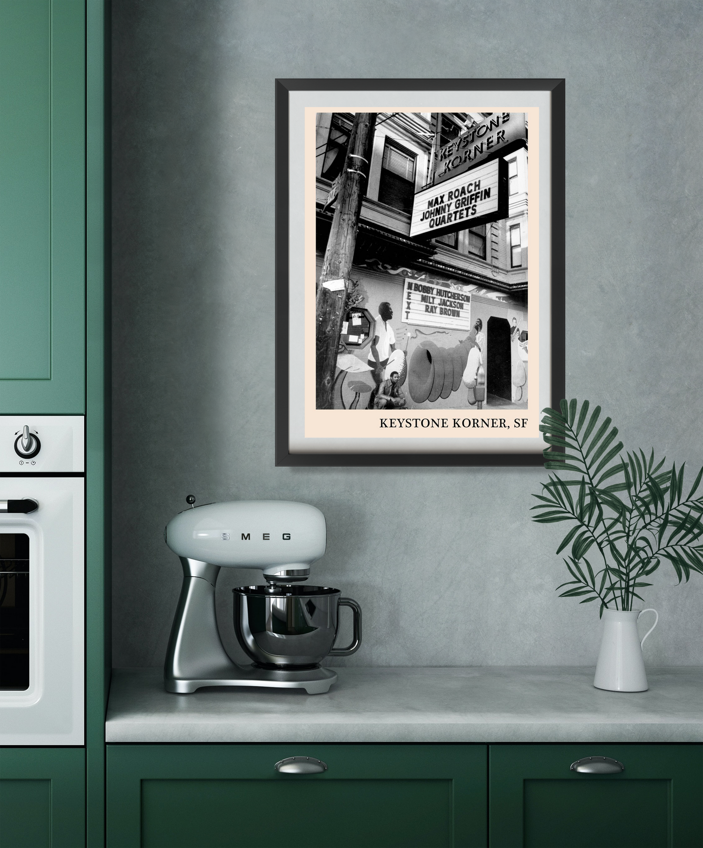Keystone Korner Jazz Club Poster in portrait 22 mount, black and white street scene framed on a modern kitchen wall.