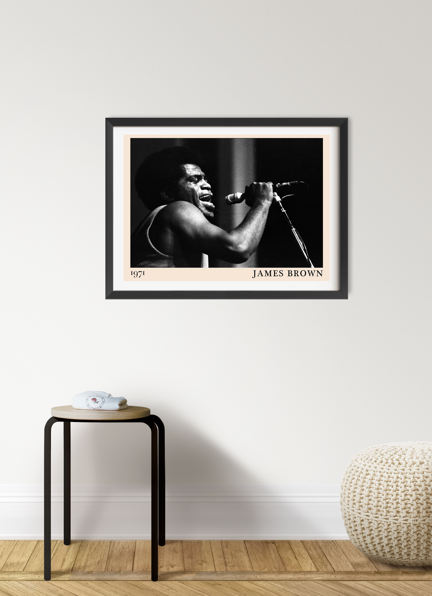 James Brown Vintage Soul Poster in landscape mount mockup, black and white singing portrait framed on modern wall display.