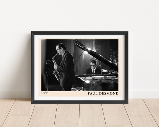 Paul Desmond Retro Jazz Poster in landscape main mount mockup, featuring black and white 1966 jazz concert photography.