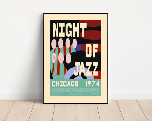 Vintage Jazz Poster – Night of Jazz Chicago 1974 Retro Wall Art Print - Mockup