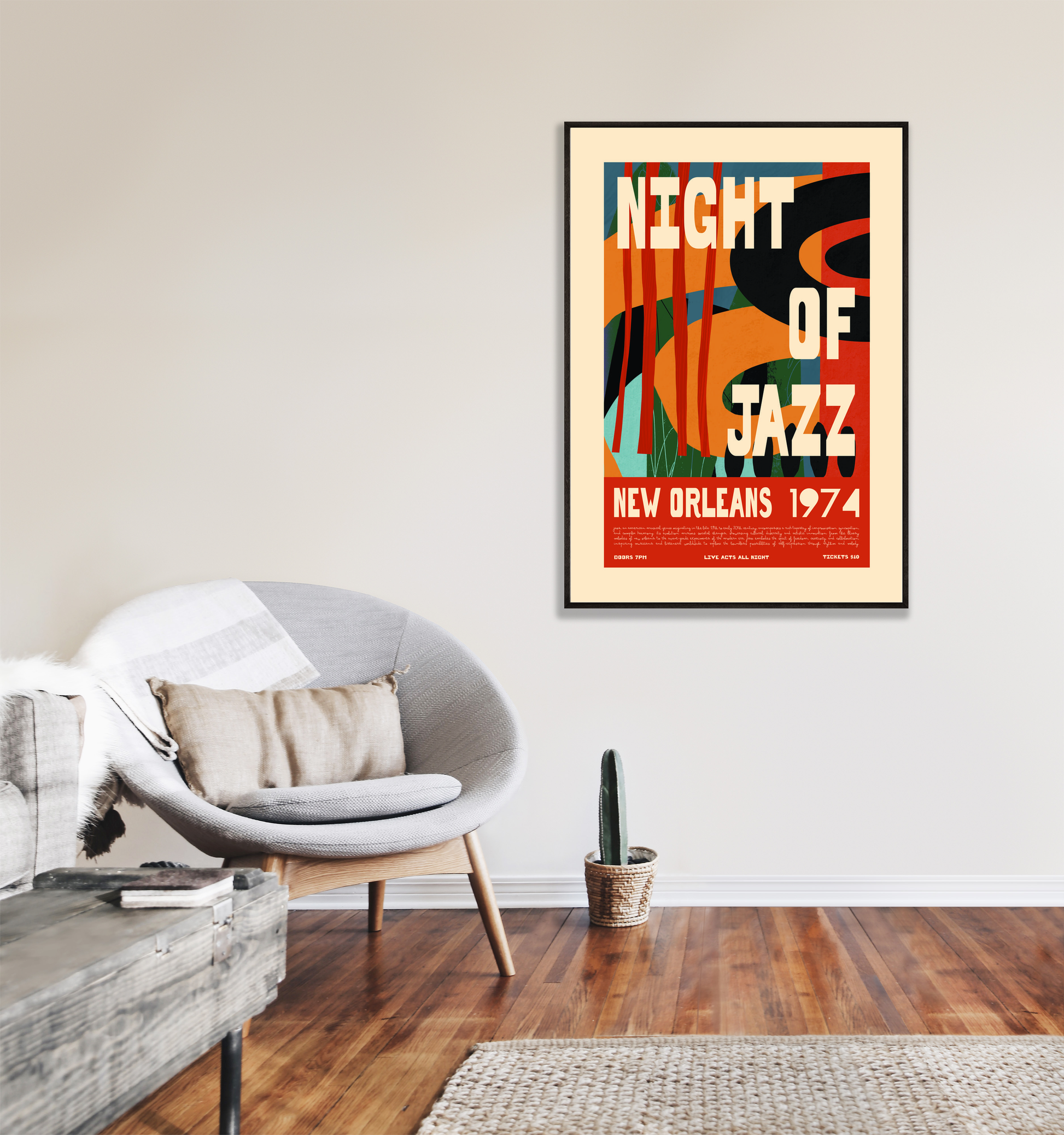 Retro Night of Jazz New Orleans 1974 Poster – Abstract Vintage Wall Art Print - Mockup