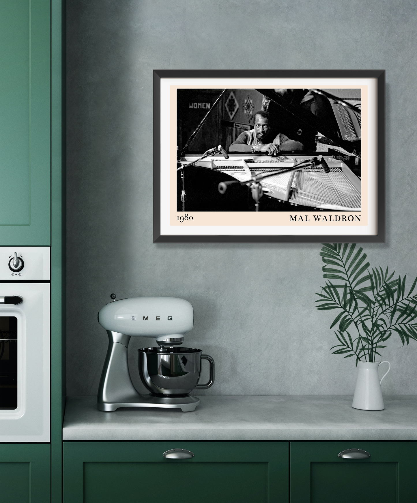 Mal Waldron Jazz Poster in a Landscape 22 Mount mockup, black and white piano design framed on a modern kitchen wall.