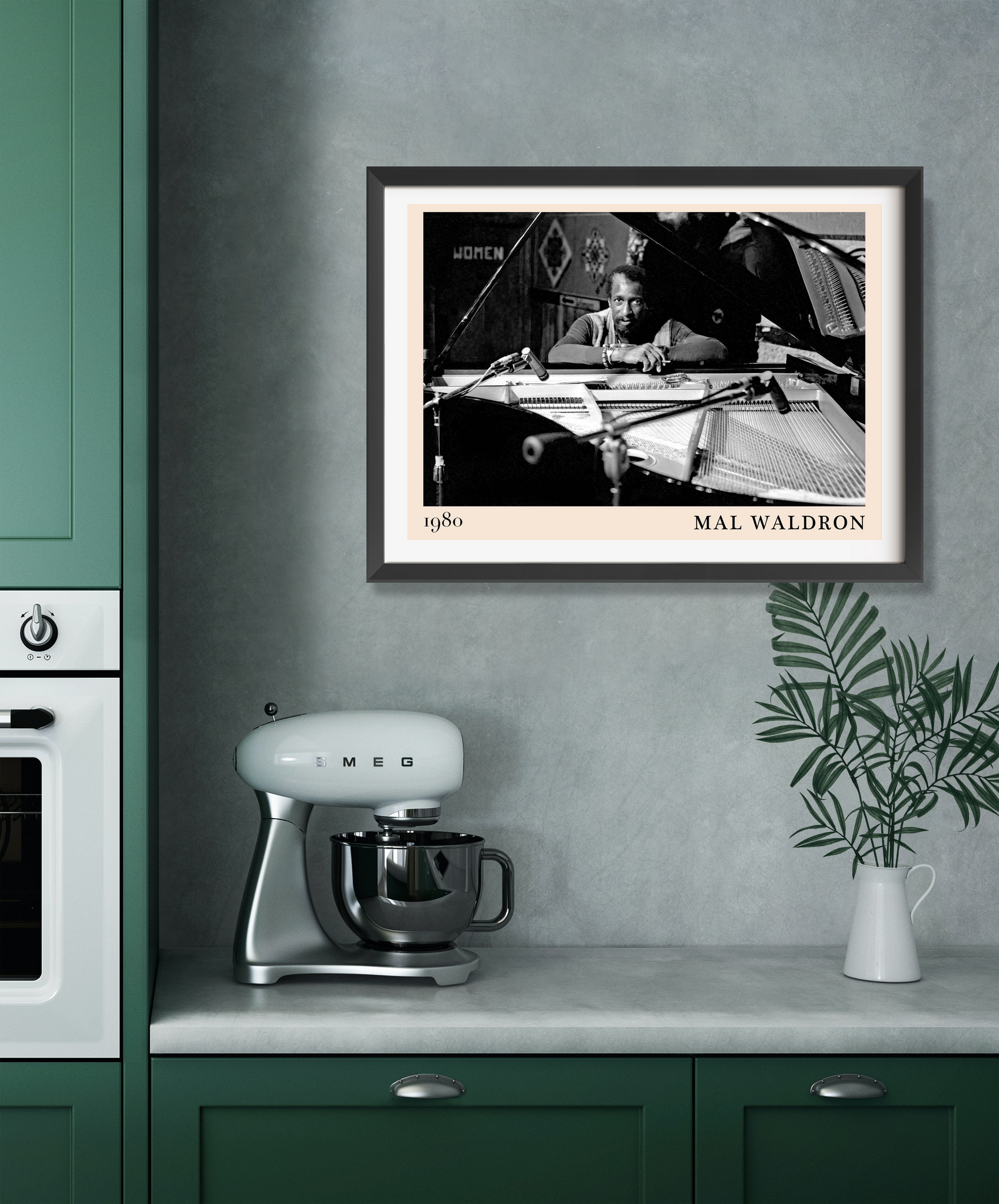 Mal Waldron Jazz Poster in a Landscape 22 Mount mockup, black and white piano design framed on a modern kitchen wall.