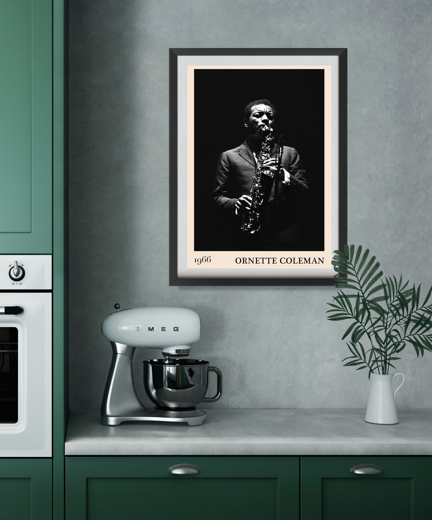 Ornette Coleman vintage jazz poster in portrait 22 mount mockup, black-and-white design above modern green kitchen counter