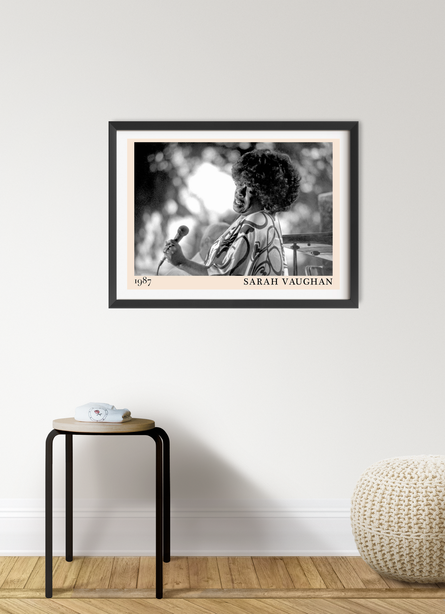 Sarah Vaughan Jazz Poster in landscape 7 mount mockup, black and white portrait framed on modern living room wall decor.