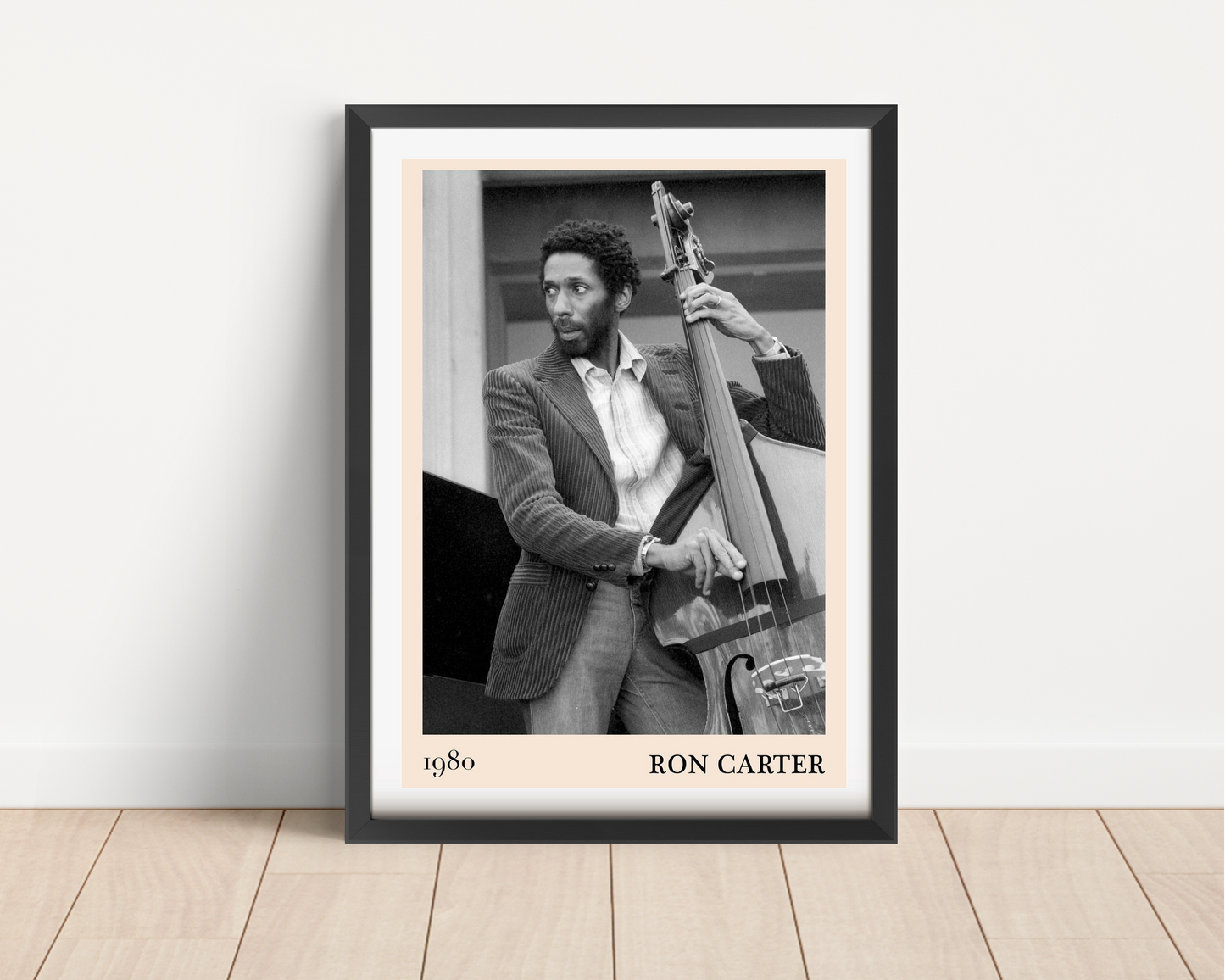 Ron Carter Cool Jazz Print in portrait mount mockup, featuring vintage black and white jazz musician design in black frame.