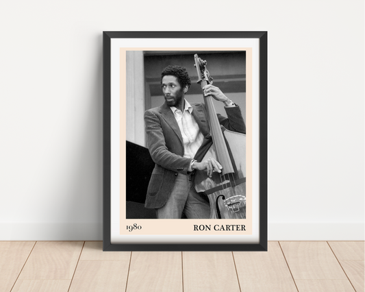 Ron Carter Cool Jazz Print in portrait mount mockup, featuring vintage black and white jazz musician design in black frame.