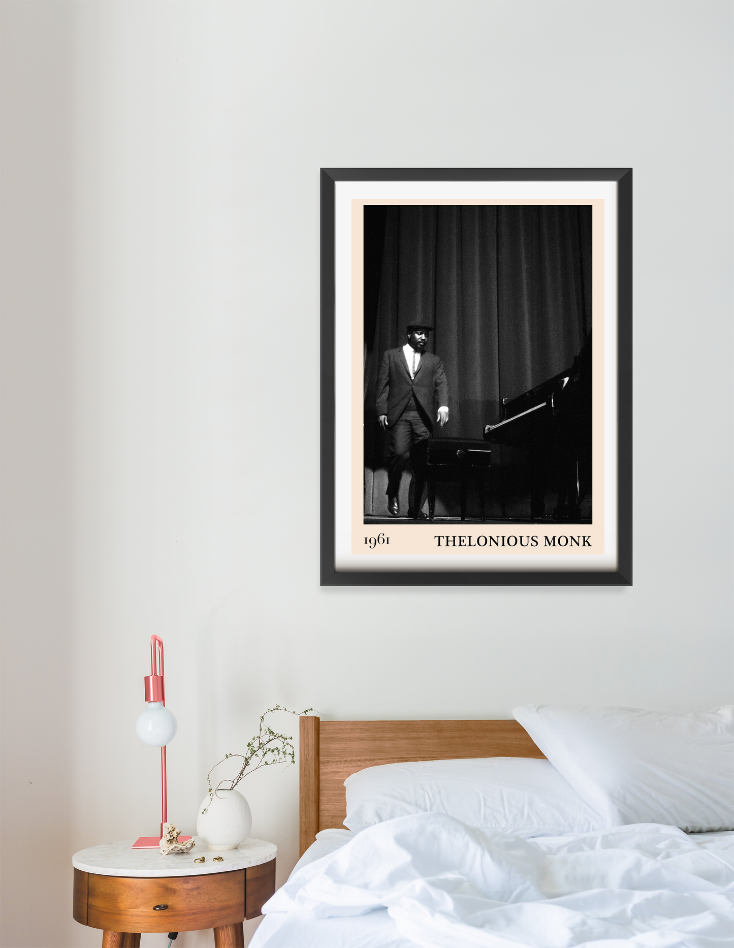 Thelonious Retro Jazz Poster in portrait 16 mount mockup, black and white jazz design above modern wood bed and white bedding