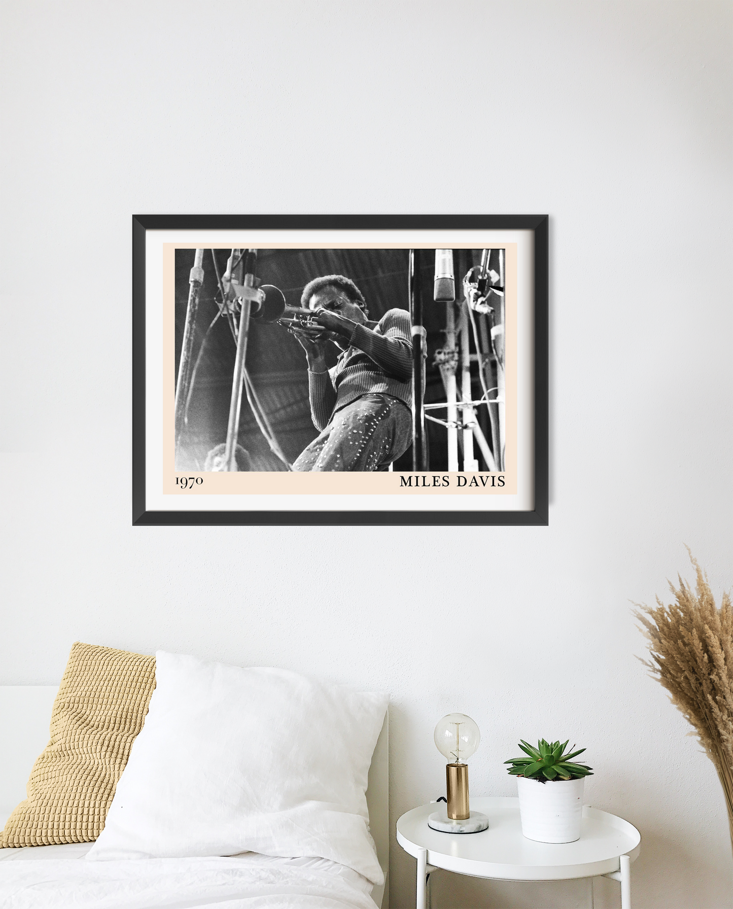 Miles Davis Jazz Concert Poster in landscape 20 mount mockup, black and white design above minimalist bed and decor.