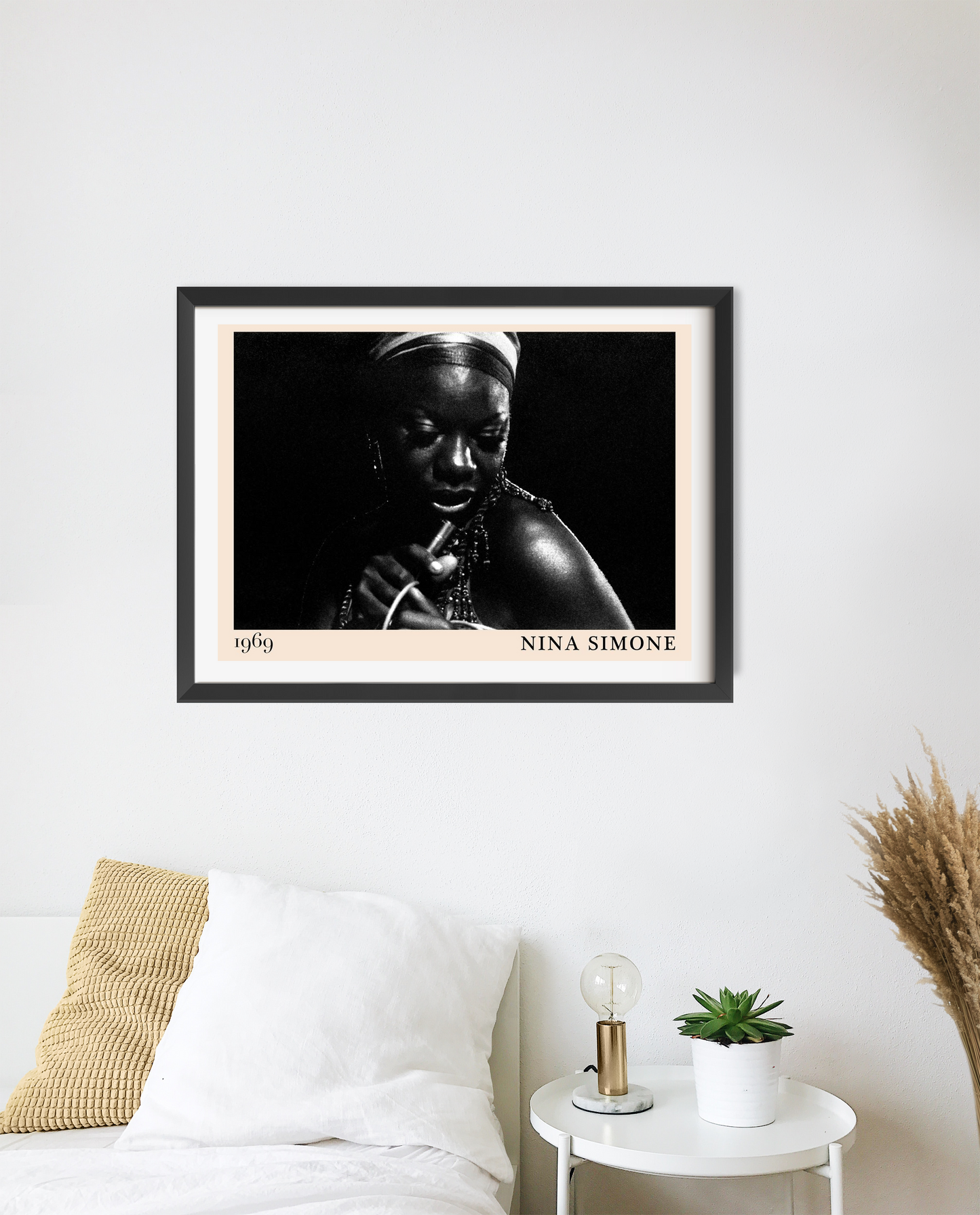 Nina Simone Jazz Concert Poster in landscape mount mockup above a modern bed, featuring a black and white portrait design.