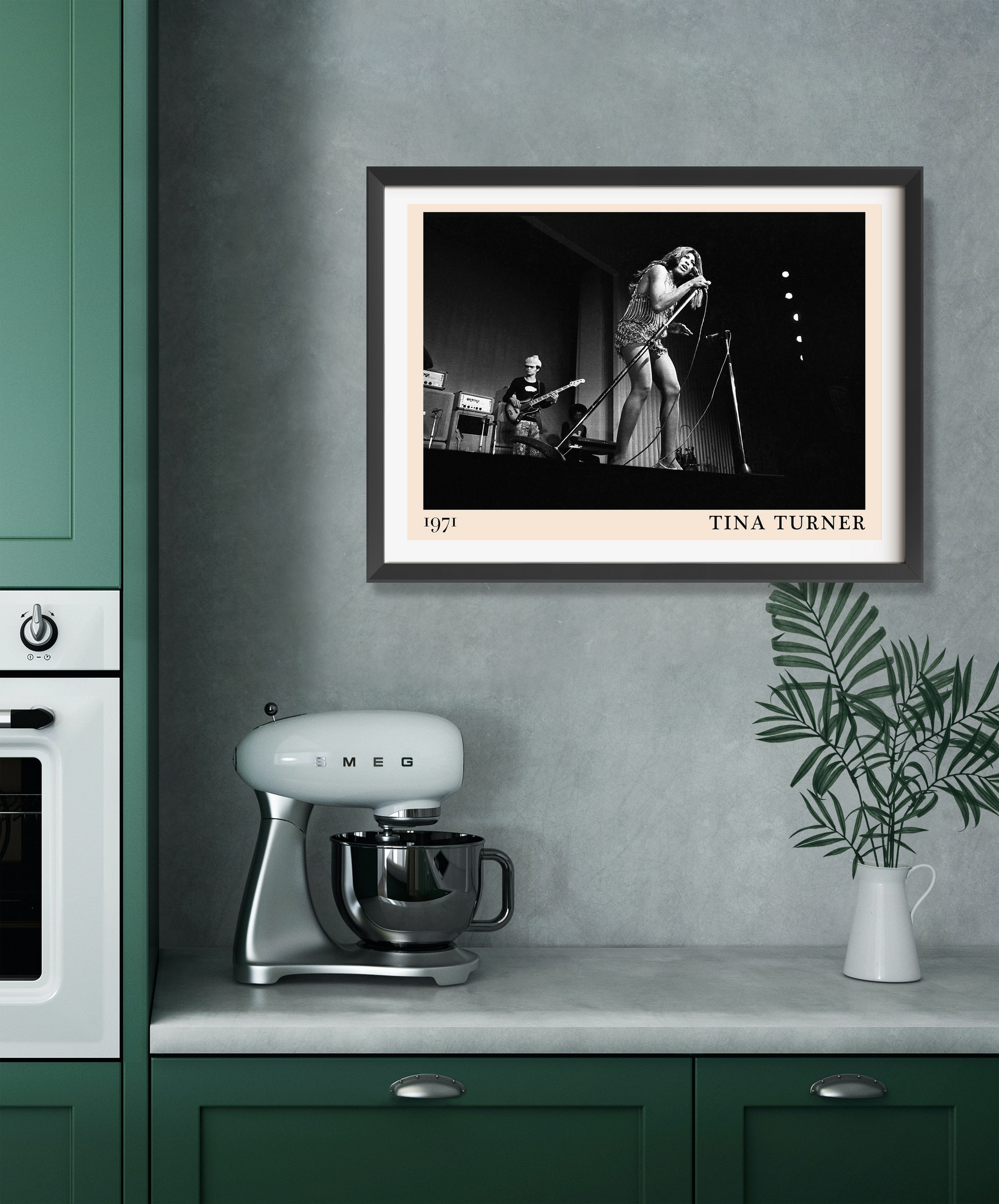Tina Turner Retro Concert Poster in landscape mount mockup, black and white stage photo framed on a modern kitchen wall.