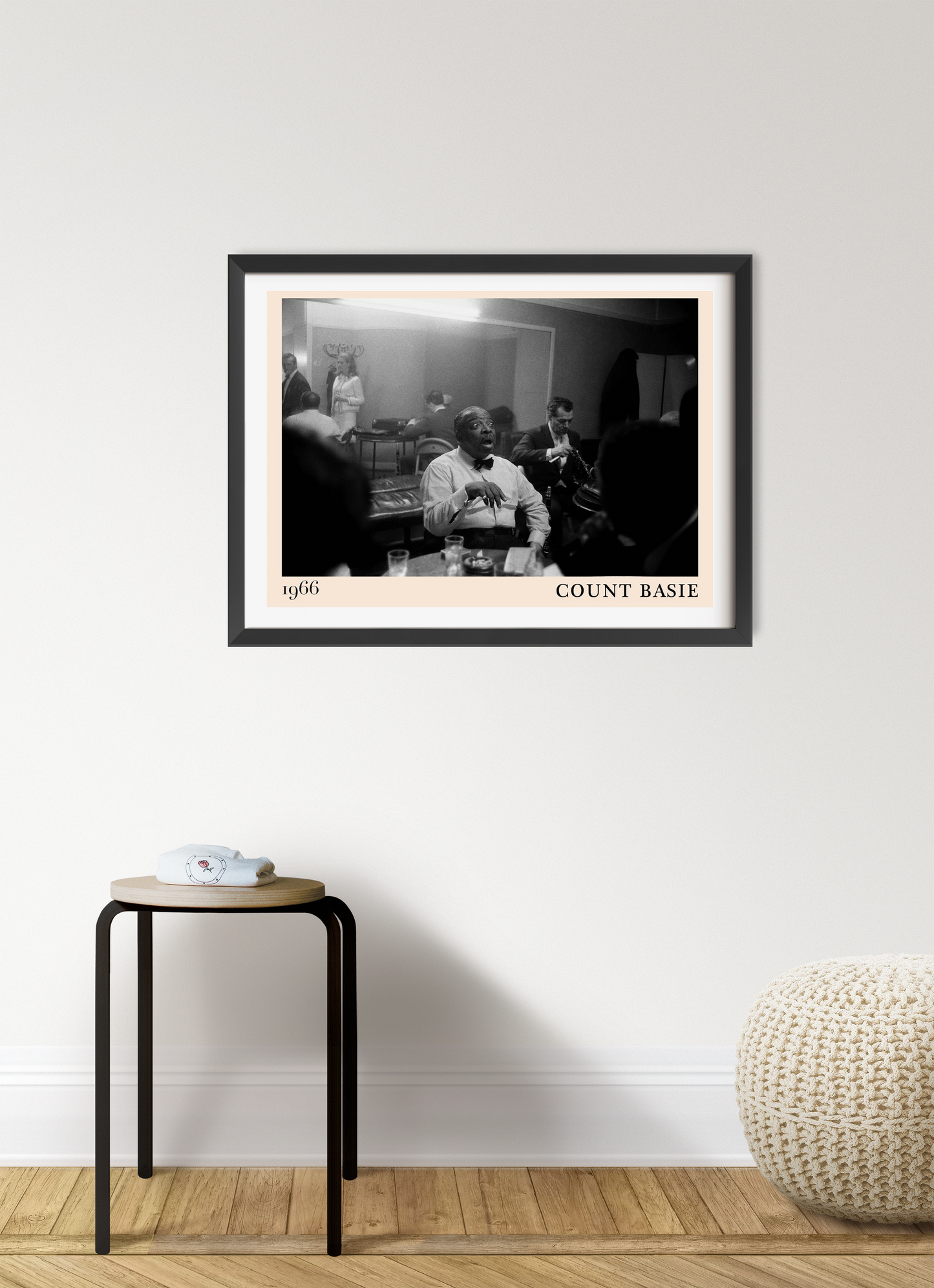 Count Basie Iconic Jazz Poster in a landscape 7 mount mockup, black frame on white wall, vintage 1966 jazz club scene.