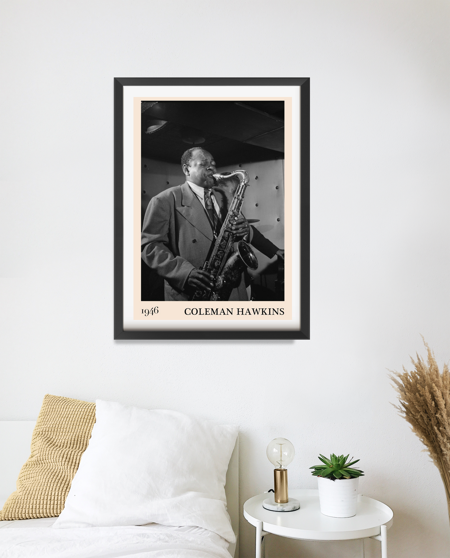 Coleman Hawkins Jazz Concert Poster in portrait 20 mount mockup, black frame above modern bed, vintage musician design.