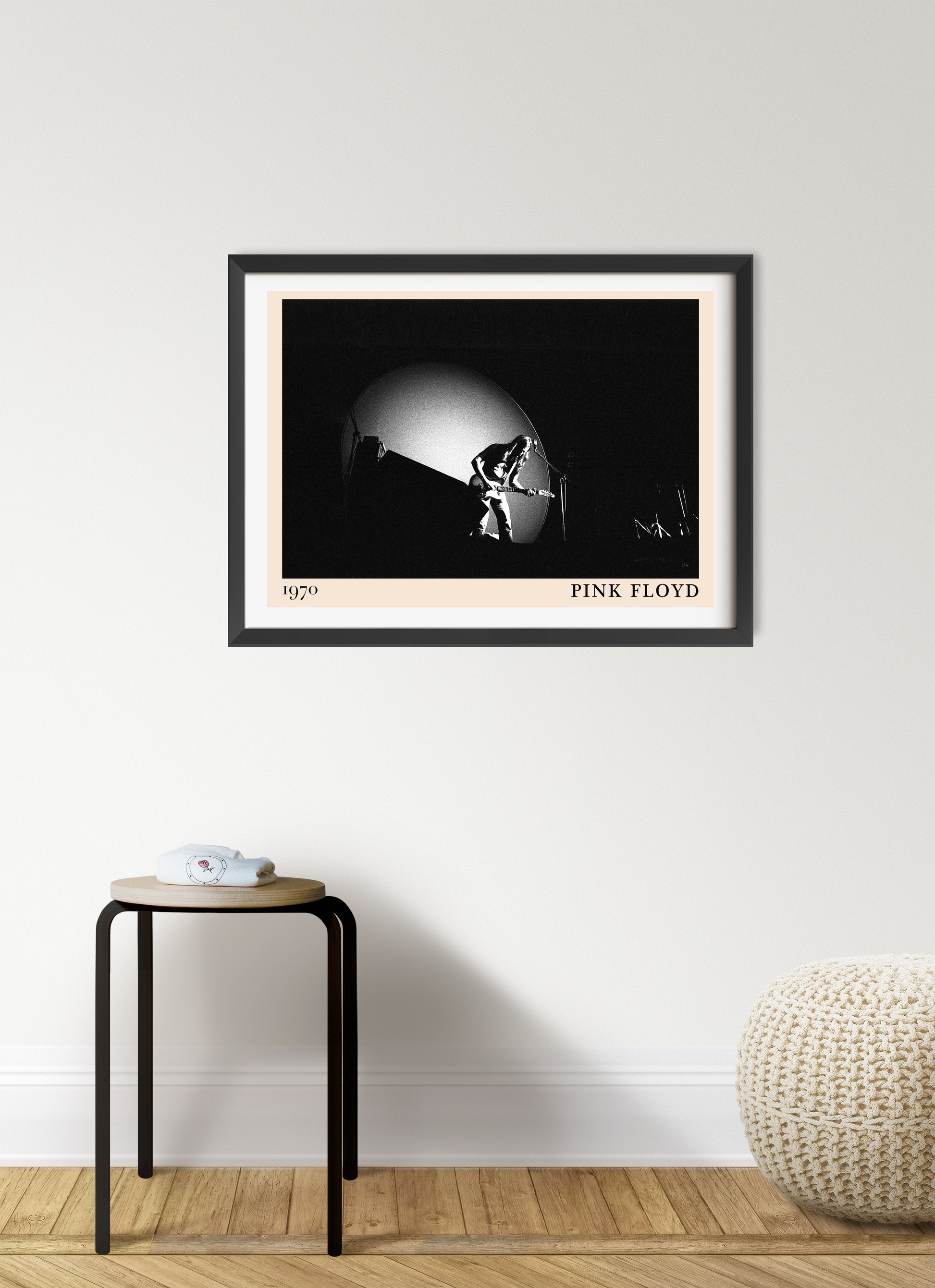 Pink Floyd Retro Rock Poster in landscape 7 mount mockup, black and white concert photo framed on modern wall.