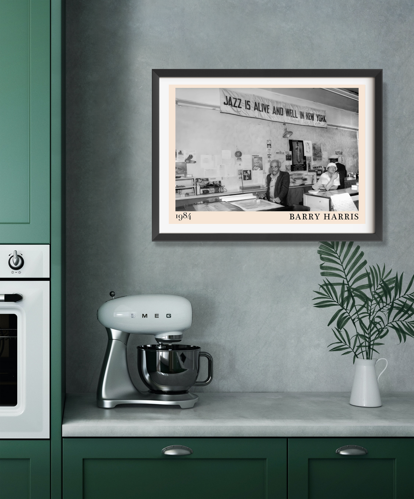 Barry Harris Retro Jazz Poster in landscape 22 mount, black and white jazz scene on wall above modern green kitchen counter.