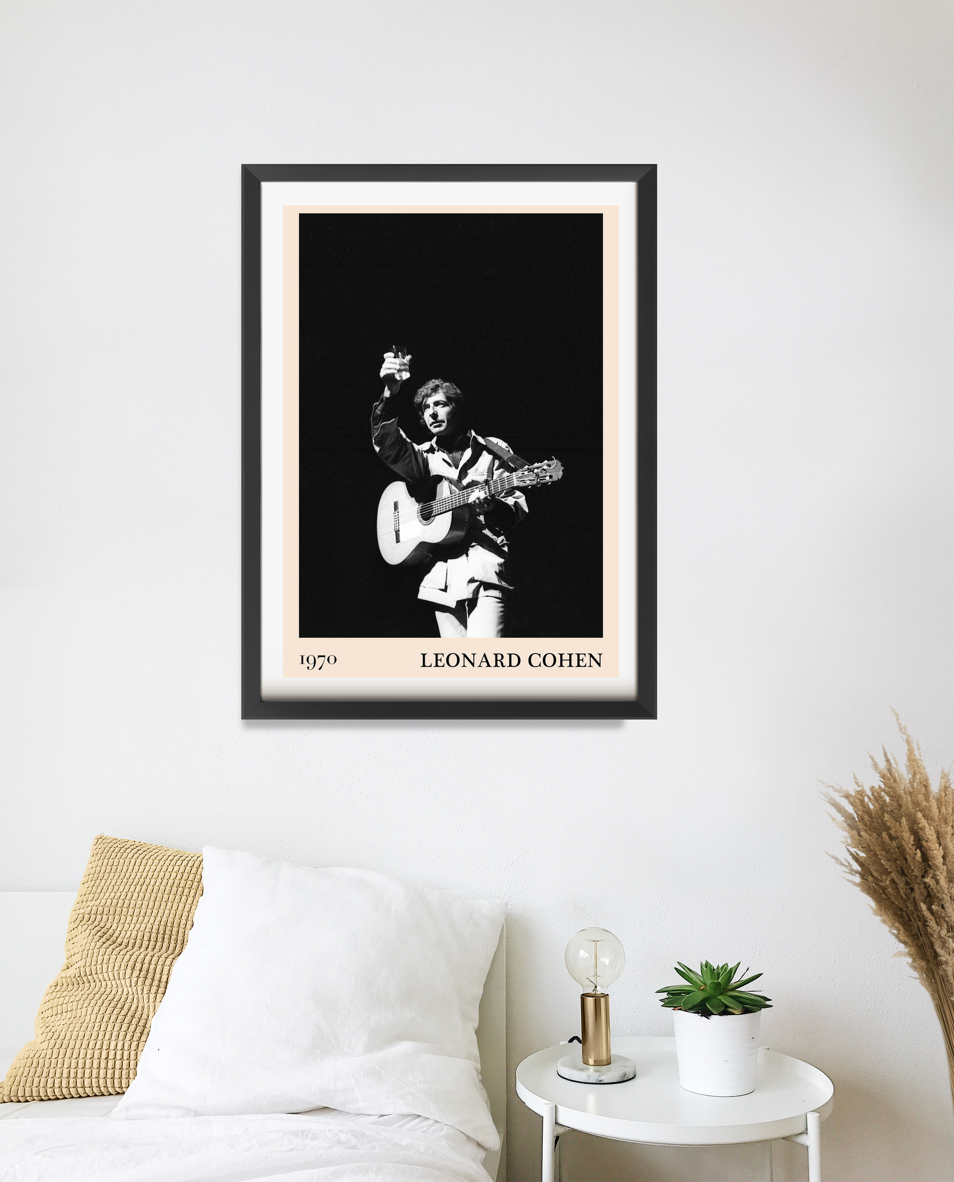 Leonard Cohen retro concert poster in portrait 20 mount mockup, black and white design above modern white bedroom decor