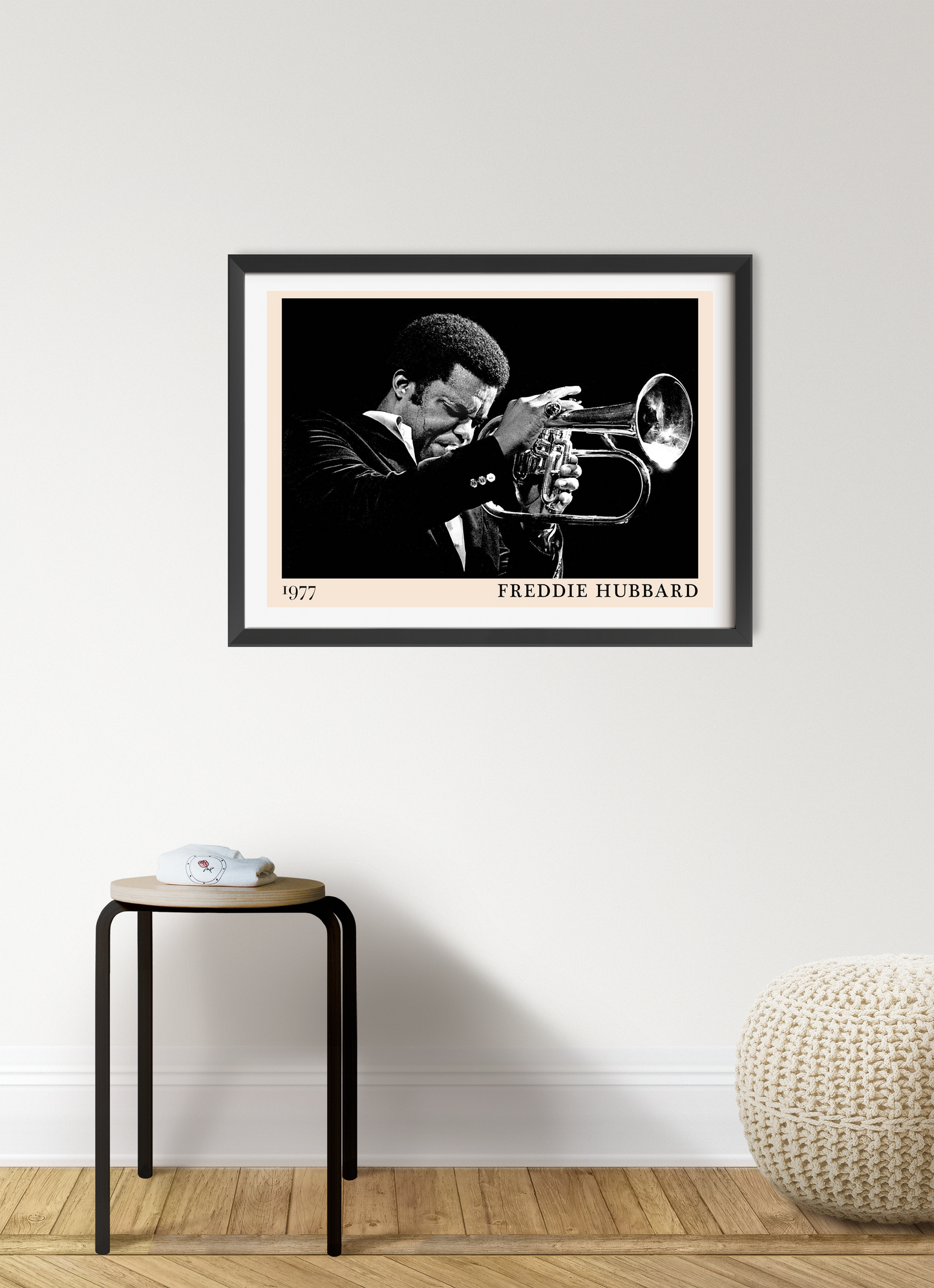 Freddie Hubbard Retro Jazz Print in a landscape 7 mount mockup, black and white trumpet portrait above modern stool.