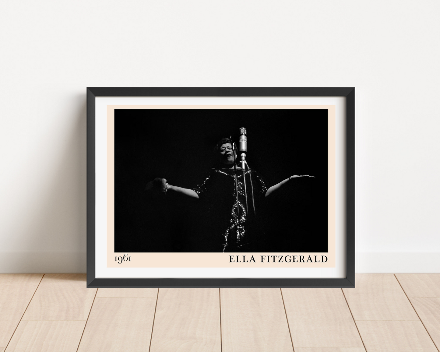 Ella Fitzgerald vintage concert poster in landscape main mount mockup, black and white design framed on wooden floor
