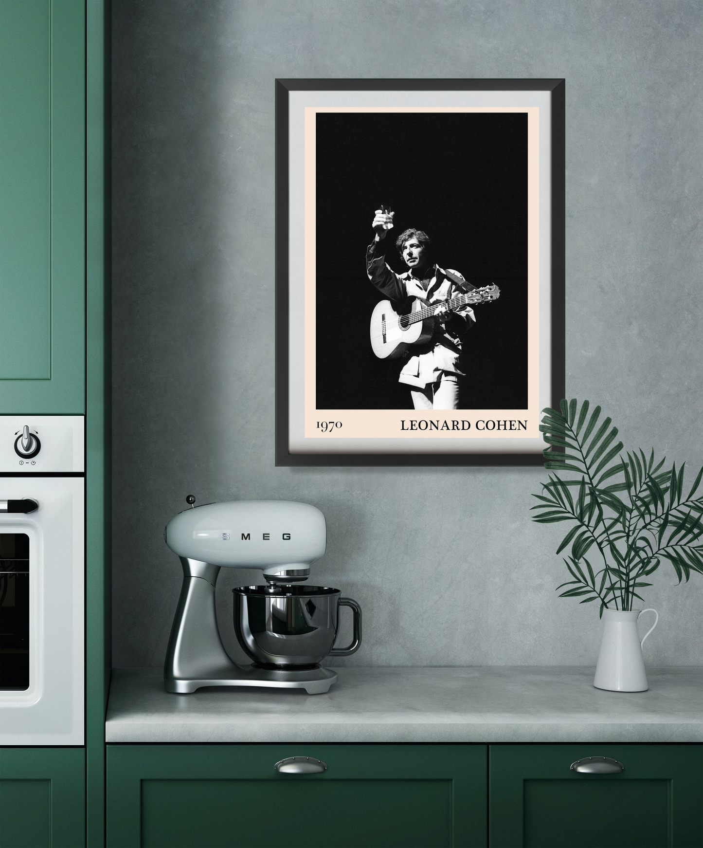 Leonard Cohen retro concert poster in portrait 22 mount mockup, black and white design above modern green kitchen counter