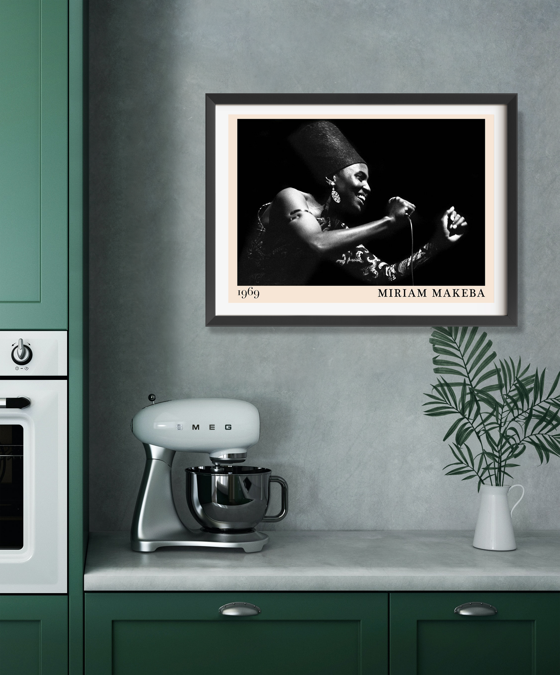 Miriam Makeba Jazz Concert Poster in landscape mount mockup, black and white singer portrait above modern kitchen counter.