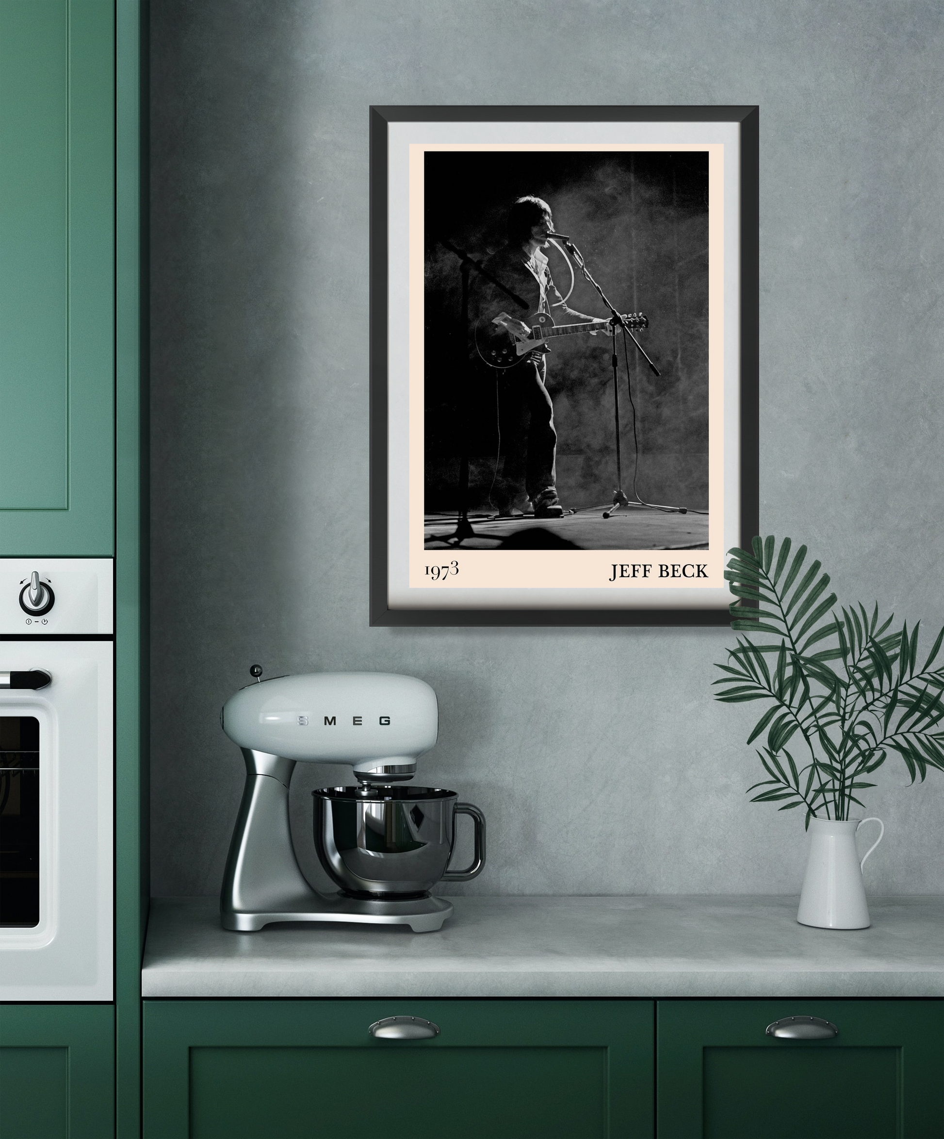 Jeff Beck Rock Concert Poster in portrait 22 mount mockup, black and white stage photo framed on modern kitchen wall.