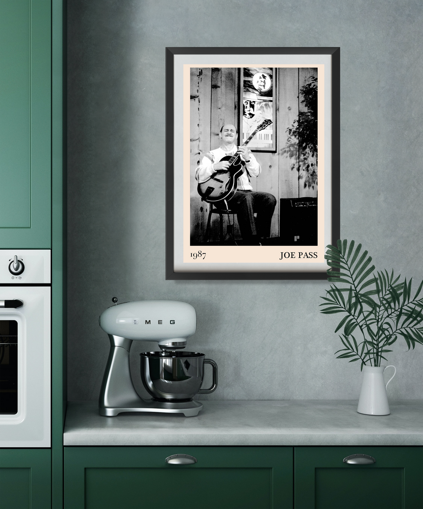 Joe Pass Retro Jazz Poster in portrait 22 mount mockup, black and white guitar art framed on modern kitchen wall.