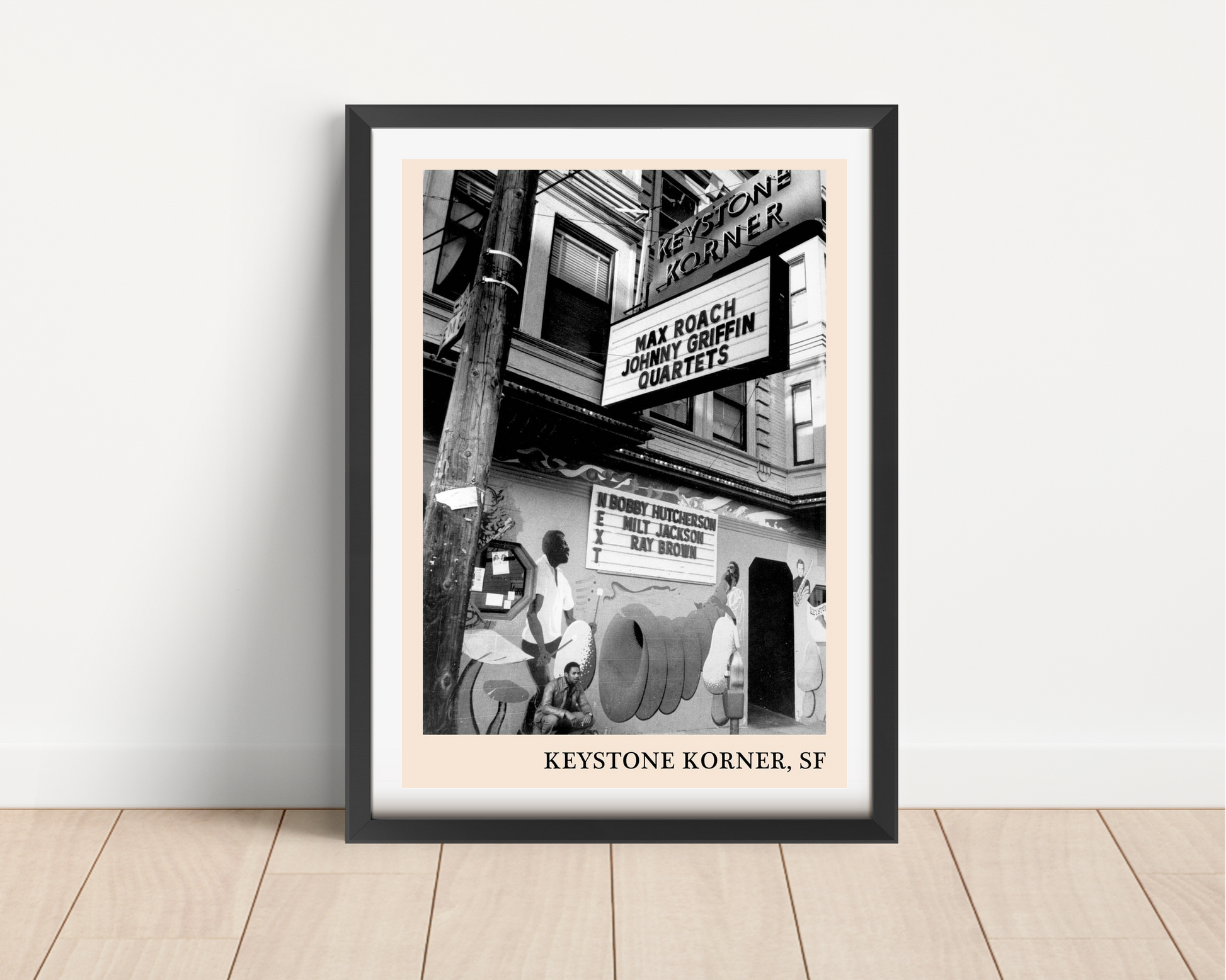 Keystone Korner Jazz Club Poster in portrait frame mockup, vintage black and white street scene with club marquee signs.
