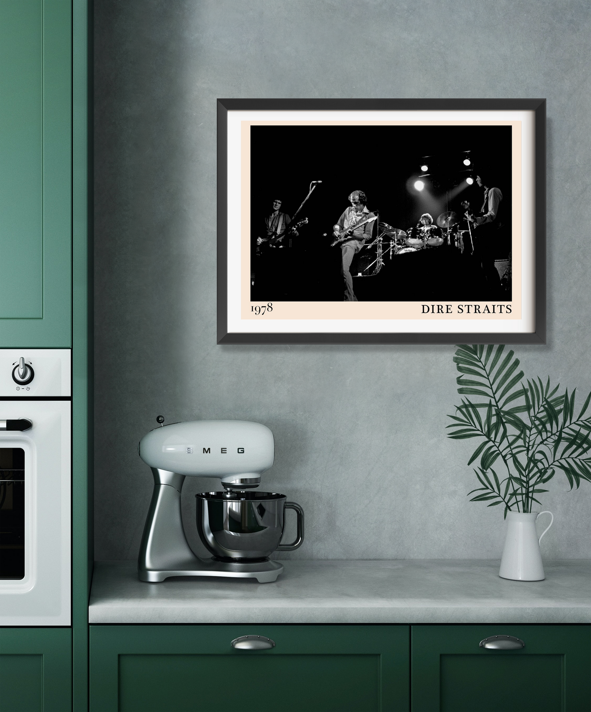 Dire Straits Retro Poster in landscape 22 mount mockup, black and white band photo framed on modern kitchen wall.