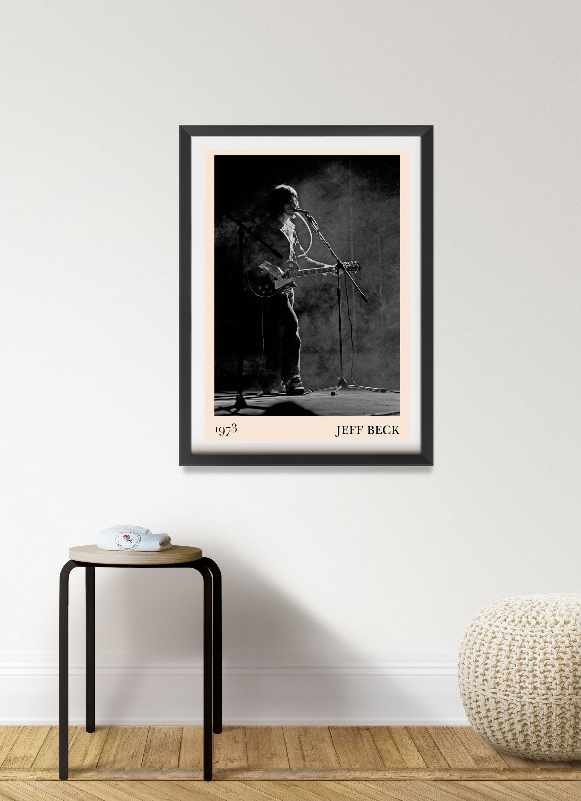 Jeff Beck Rock Concert Poster in portrait 7 mount mockup, black and white stage photo framed on modern living room wall.