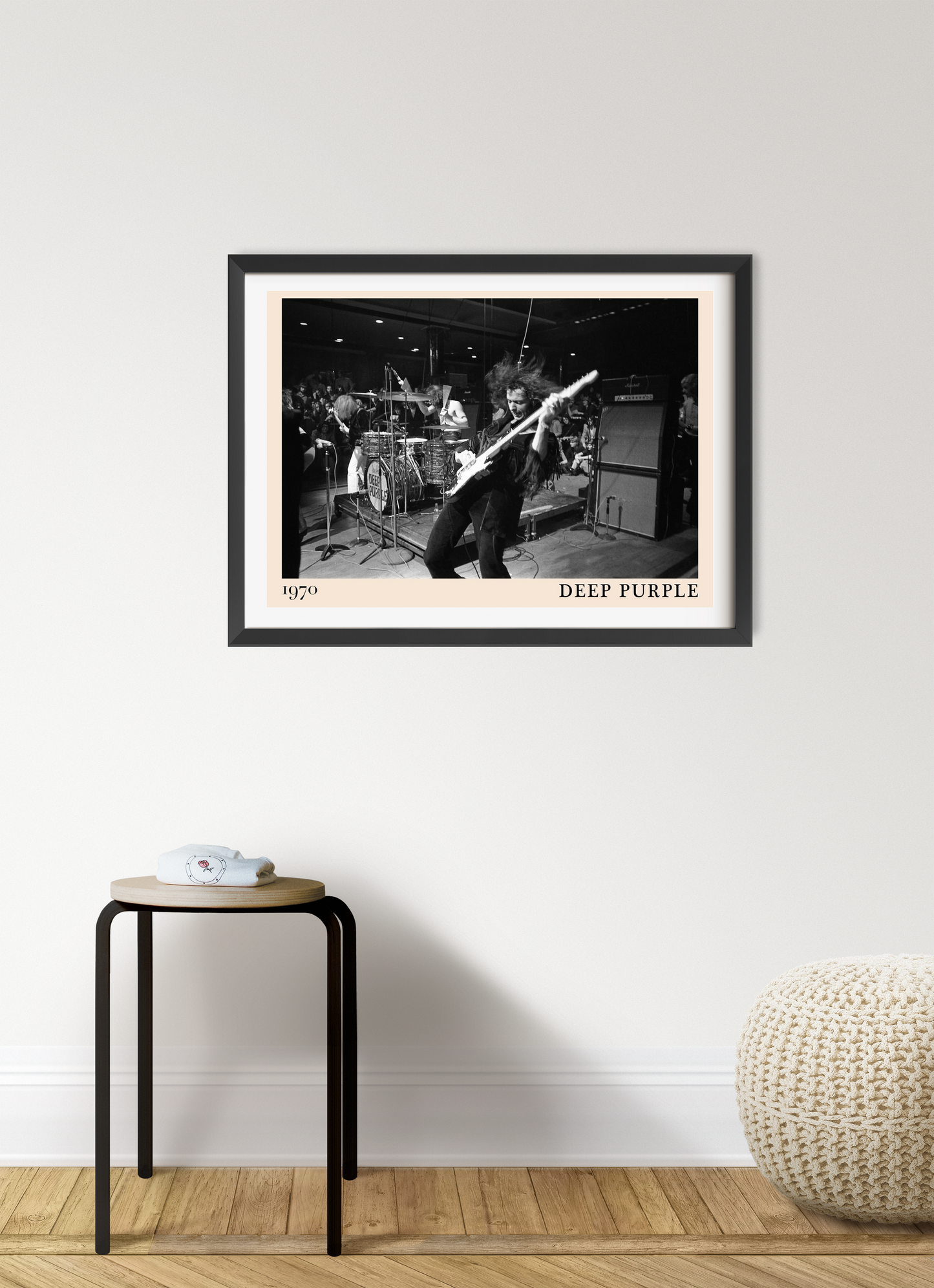 Deep Purple rock concert poster in landscape 7 mount mockup, black and white band photo framed on modern wall display.