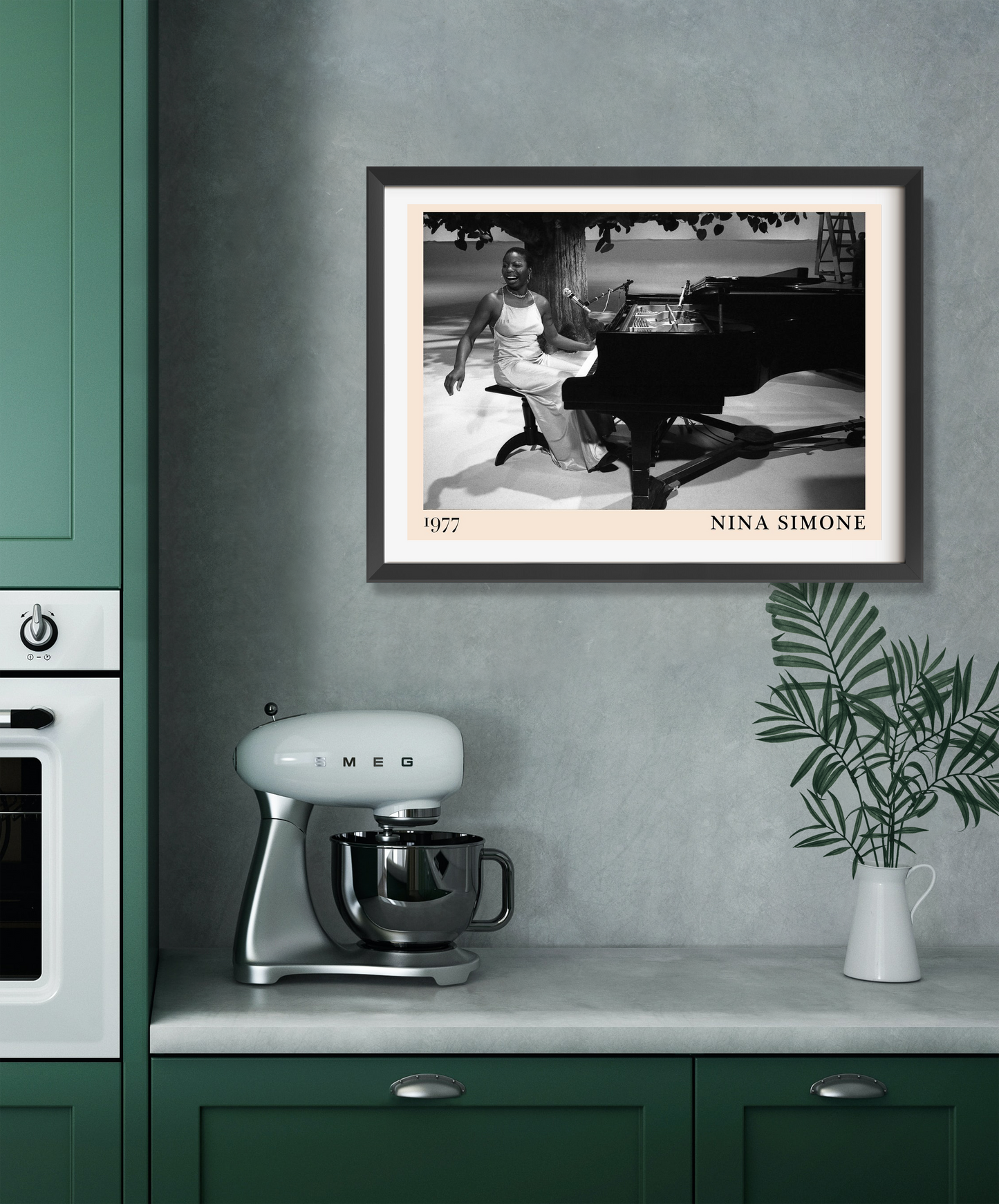 Nina Simone vintage poster in landscape 22 mount mockup, framed on a kitchen wall above a counter with mixer and plant.