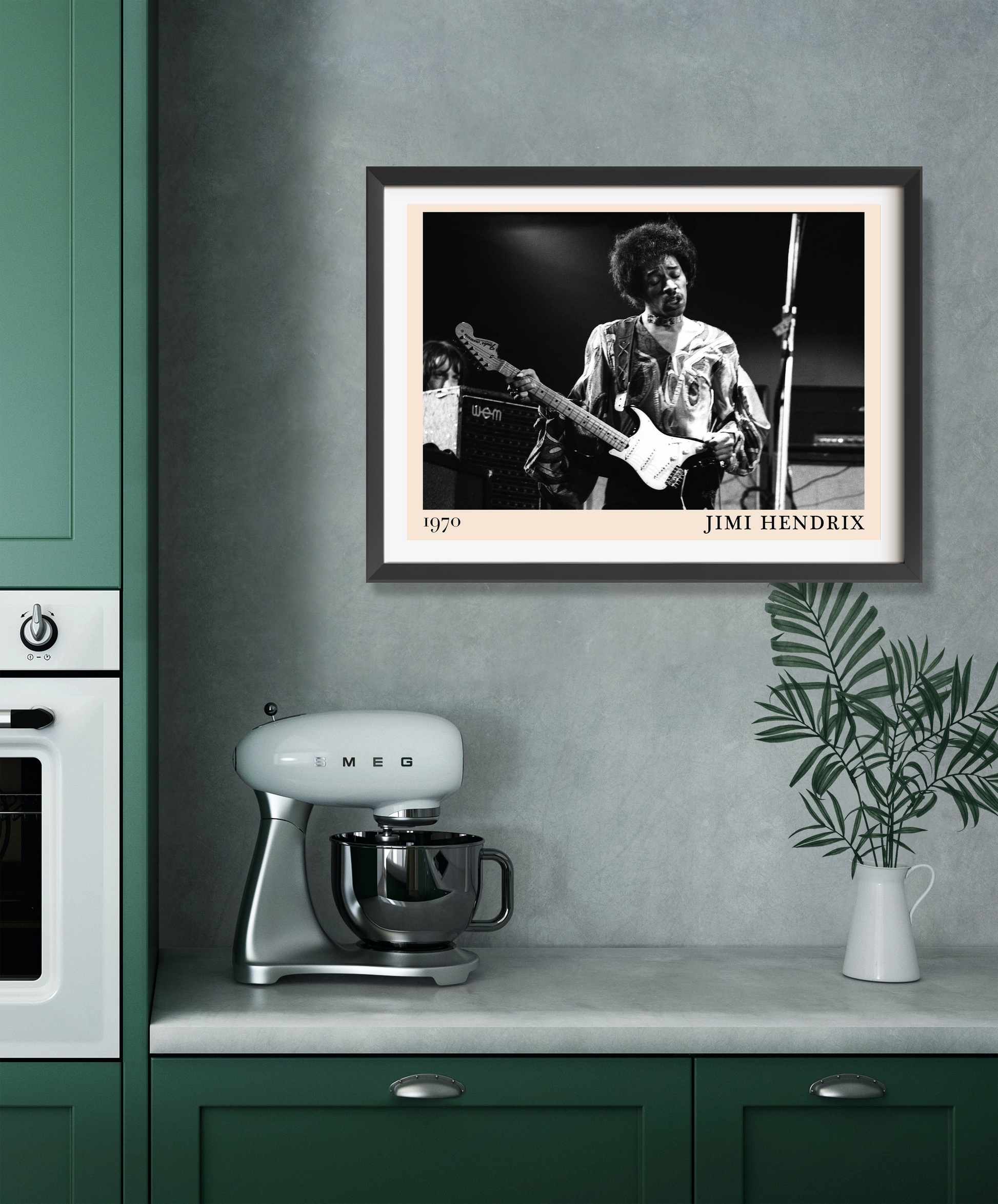 Jimi Hendrix Retro Concert Poster in landscape 22 mount mockup, black-and-white design above modern green kitchen counter.