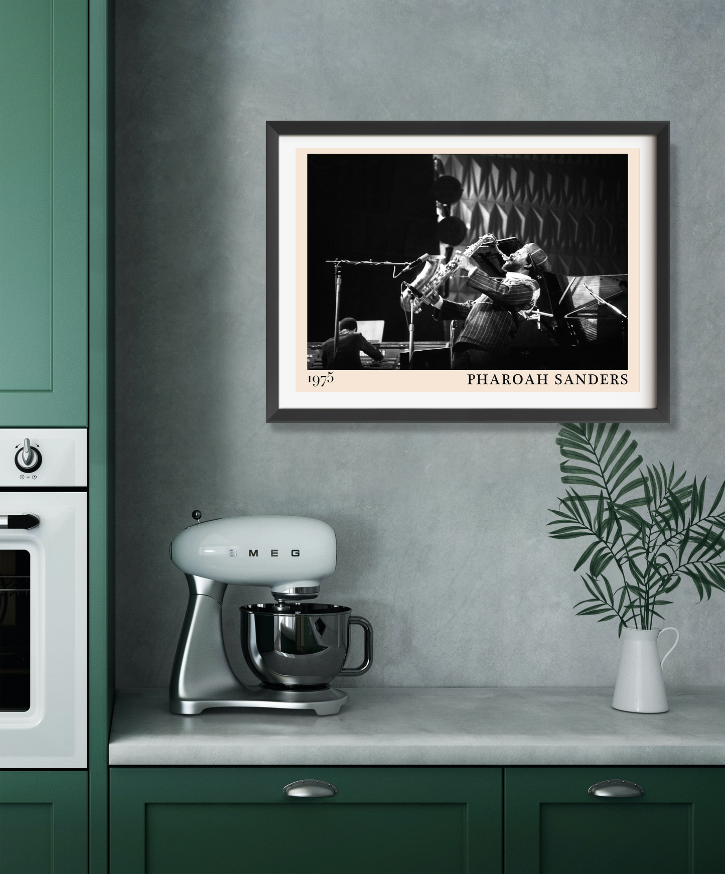 Pharoah Sanders vintage jazz poster in landscape 22 mount, black and white design displayed above kitchen counter decor.
