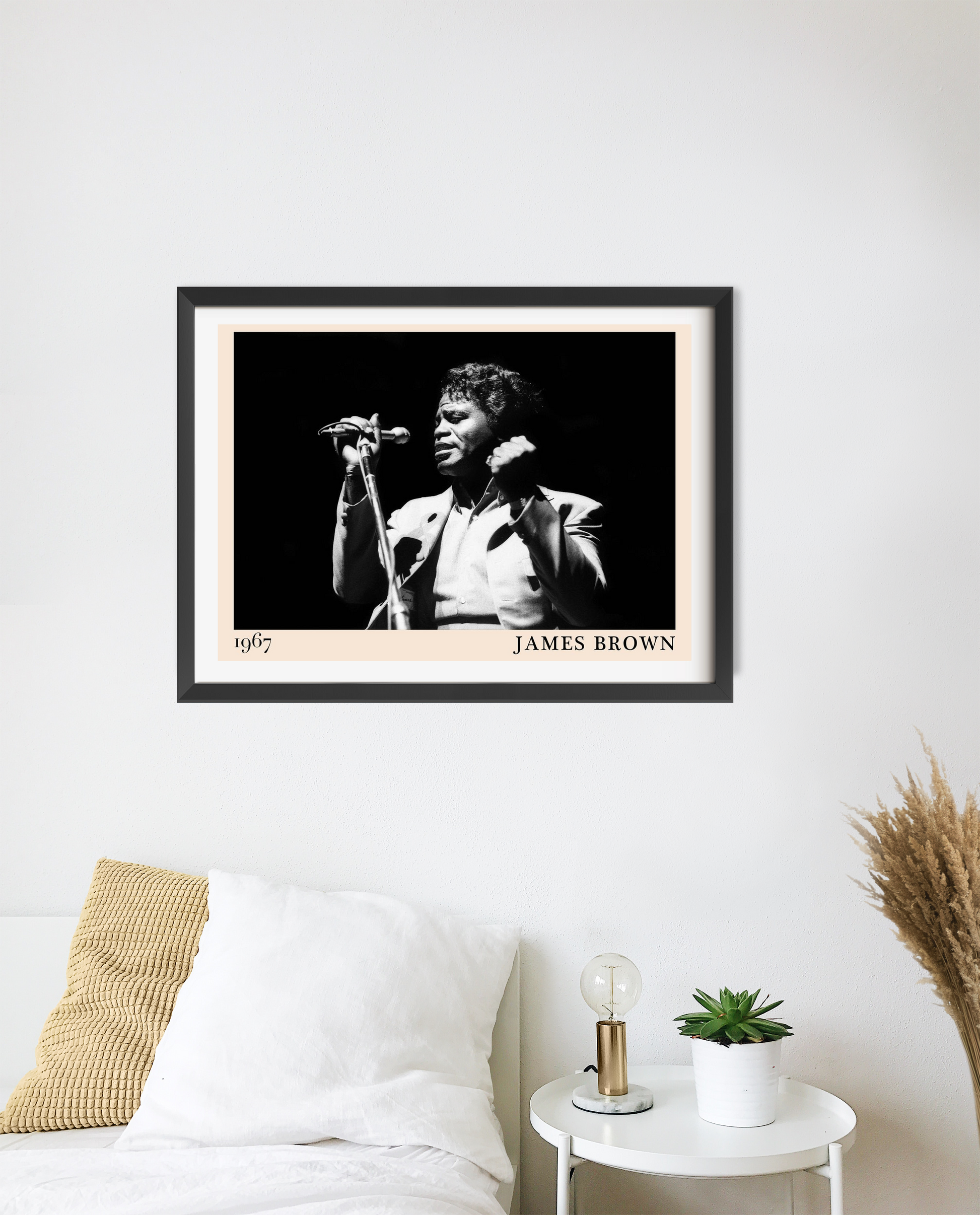 James Brown Retro Soul Poster in landscape 20 mount mockup, black and white vintage design above modern bed and nightstand.