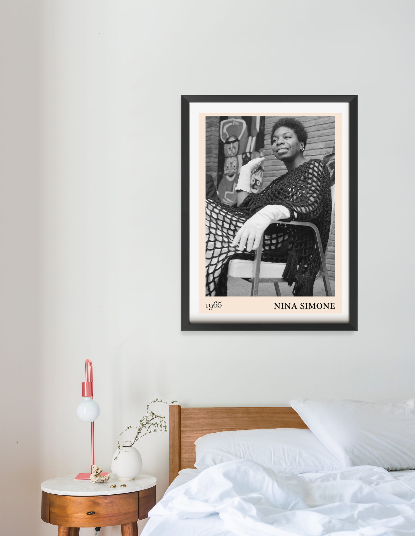 Nina Simone Jazz Print in a portrait mounted mockup above a modern wooden bed, featuring black and white vintage design.
