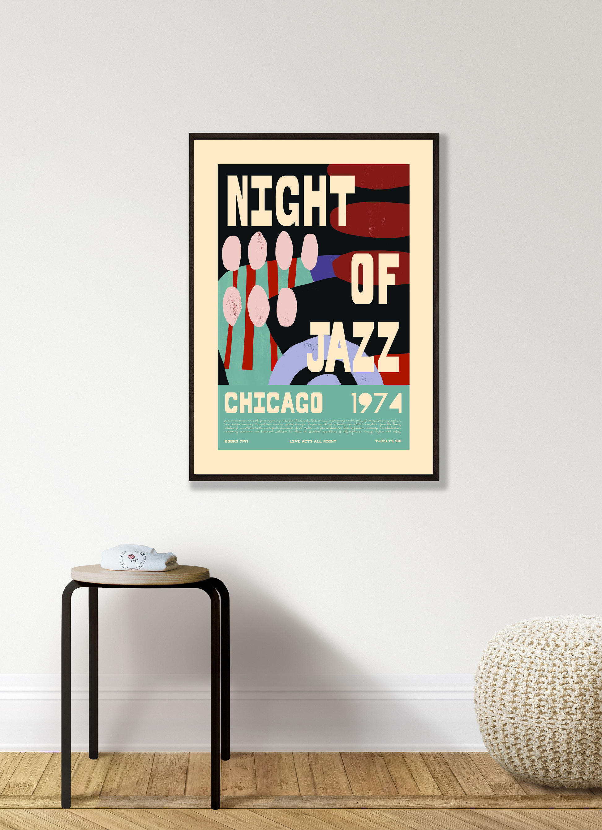 Vintage Jazz Poster – Night of Jazz Chicago 1974 Retro Wall Art Print - Mockup