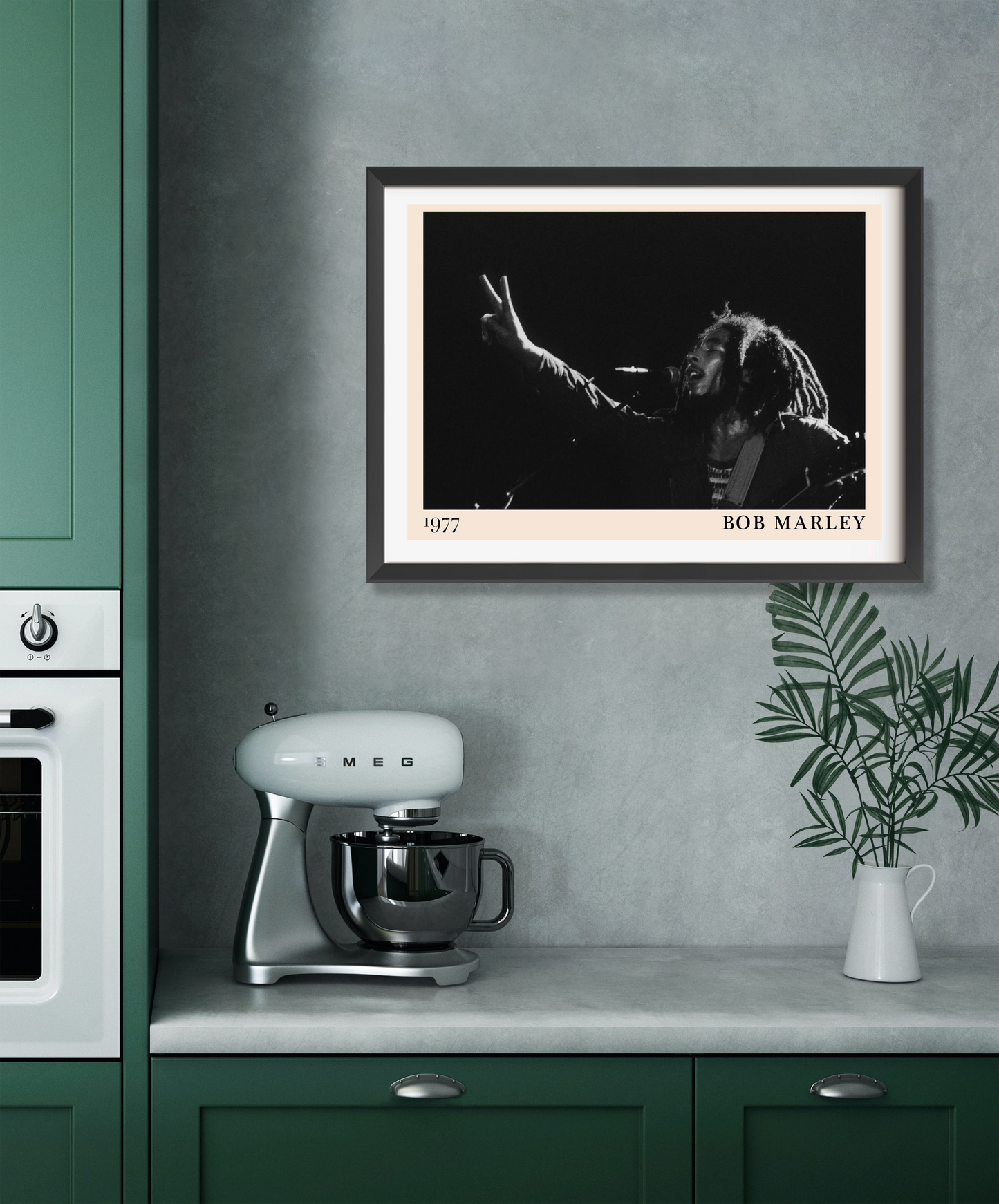 Bob Marley Iconic Peace Poster in landscape 22 mount mockup, black and white design above modern kitchen counter decor.