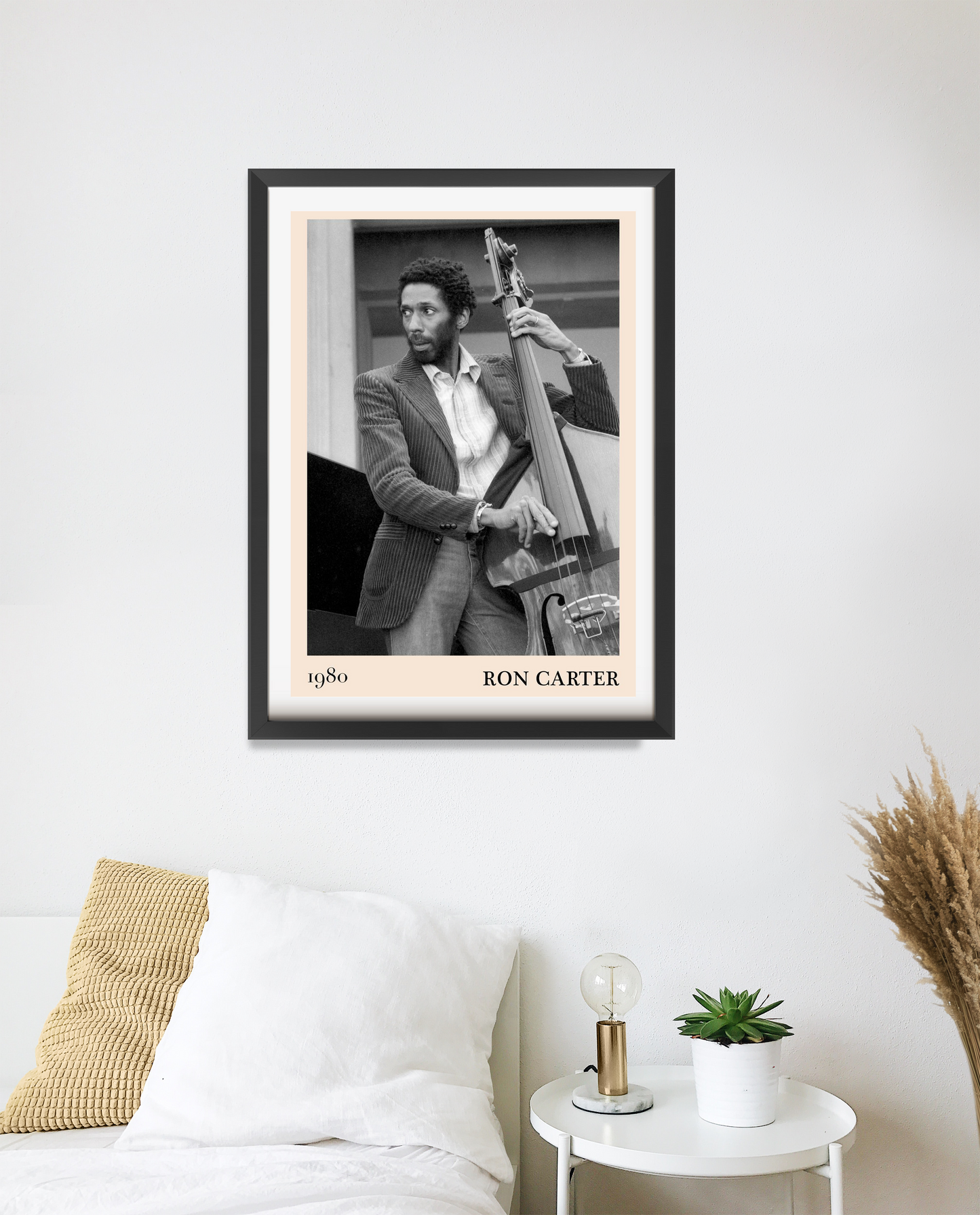 Ron Carter Cool Jazz Print in portrait 20 mount mockup above a modern bed, featuring black and white jazz musician artwork.