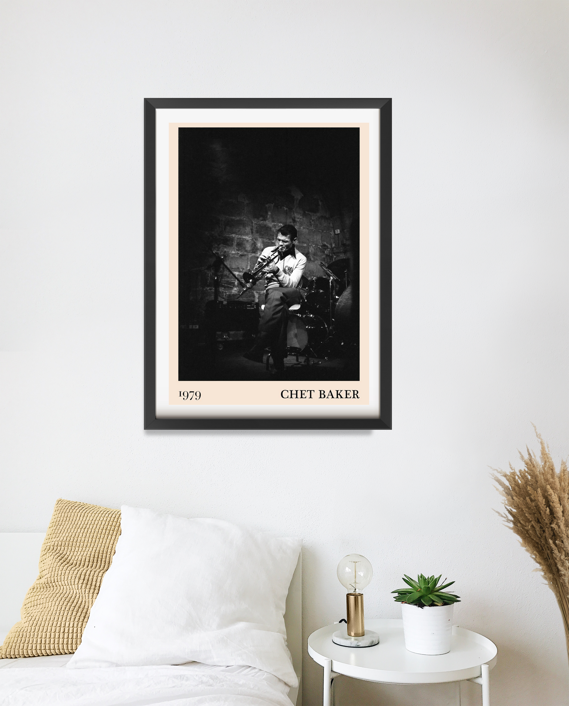 Chet Baker vintage concert poster in a portrait 20 mount mockup, black and white jazz design above a modern bed setup
