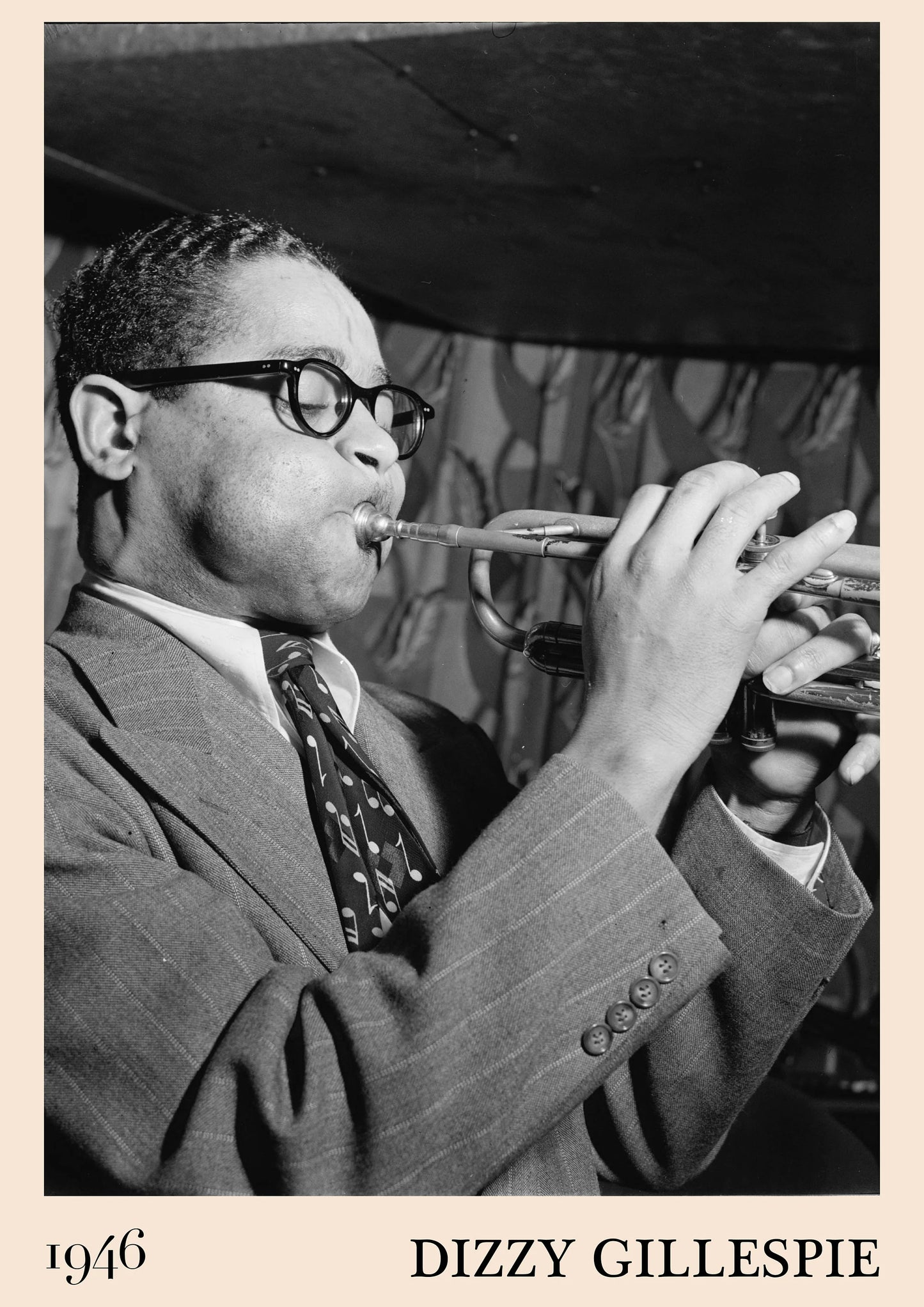 1946 photo of Dizzy Gillespie, crafted into a jazz poster