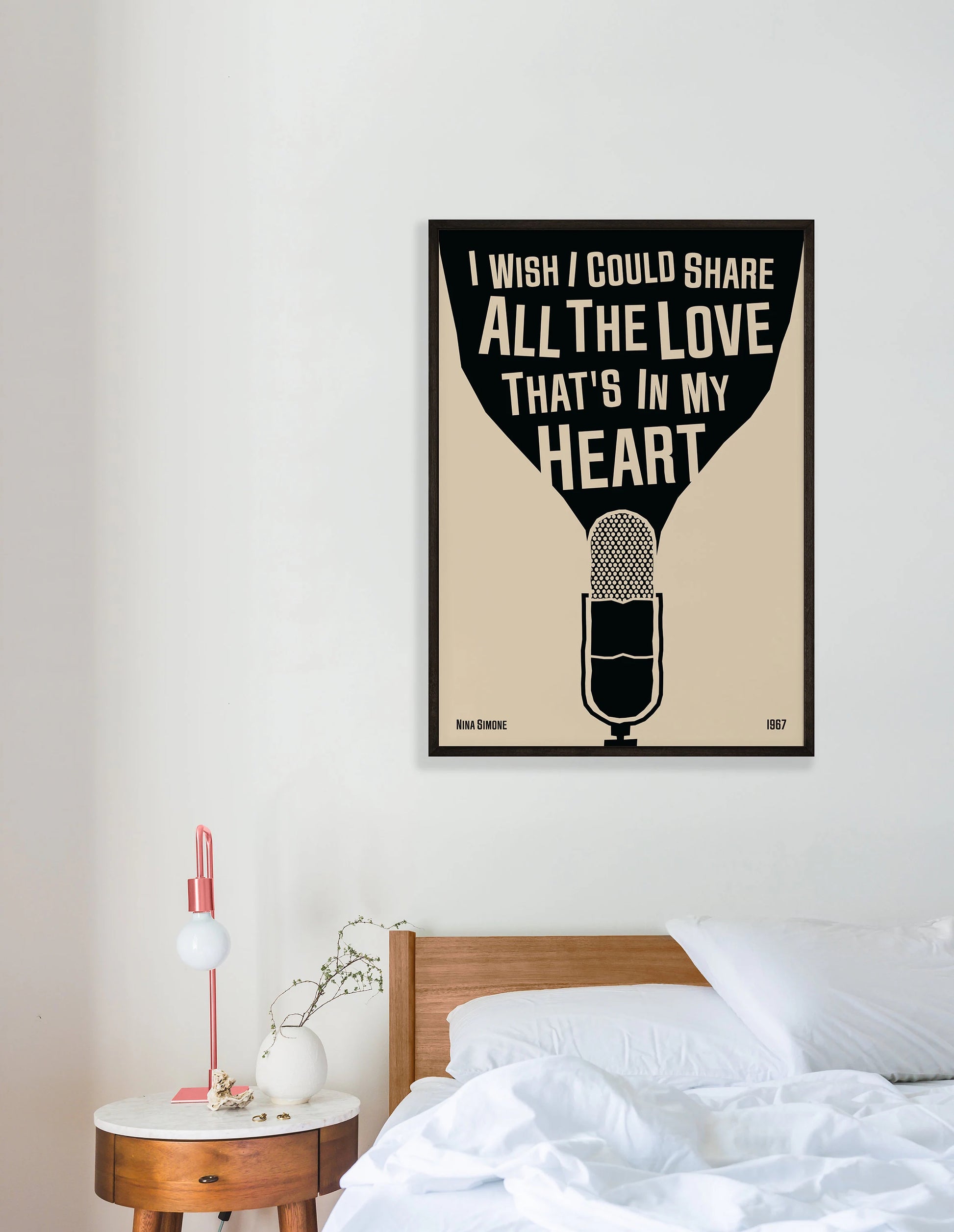 Cool jazz music poster with microphone design, featuring a Nina Simone Lyric. Retro black frame print, hanging on a white bedroom wall, perfect home decor.