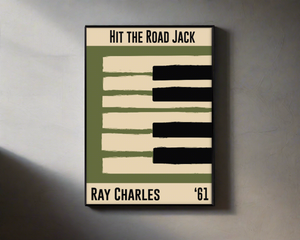 Olive green and cream piano design celebrating Ray Charles' Hit the Road Jack, released in 1961. Mocked up into black framed print hanging on a concrete wall